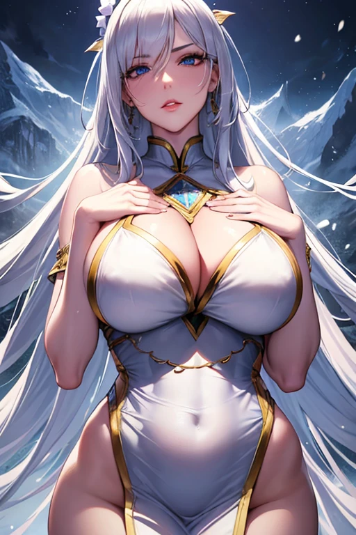 (art: 1.2), (best quality: 1.2) 1 woman, mature milf, tall 185 cm, appeared to be around 25 years old, had long snow-white hair, straight shiny hair tied in a hairpin ice-shaped Chinese Taotist style, ice-blue eyes, extremely detailed eyes, perfect eyes, extremely realistic eyes, well-aligned eyes, long eyelashes, anime style, perfect face, delicate and mature face, full lips, mature, fair skin, natural body, SEXY BODY, milf body, with one hand holding her waist, perfect hands, detailed hands, hands well proportioned to the body, realistic hands, arms with good anatomy, she only wore a snow-white Chinese style dress decorated in gold and silver that still couldn't hide her extremely large and huge breasts that were hanging down due to her size, thick thighs fully covered, wide hips, looking at the viewer like a cold facial expression is indifferent, background scene, scene of a pavilion style man posing alone Looking at the viewer.