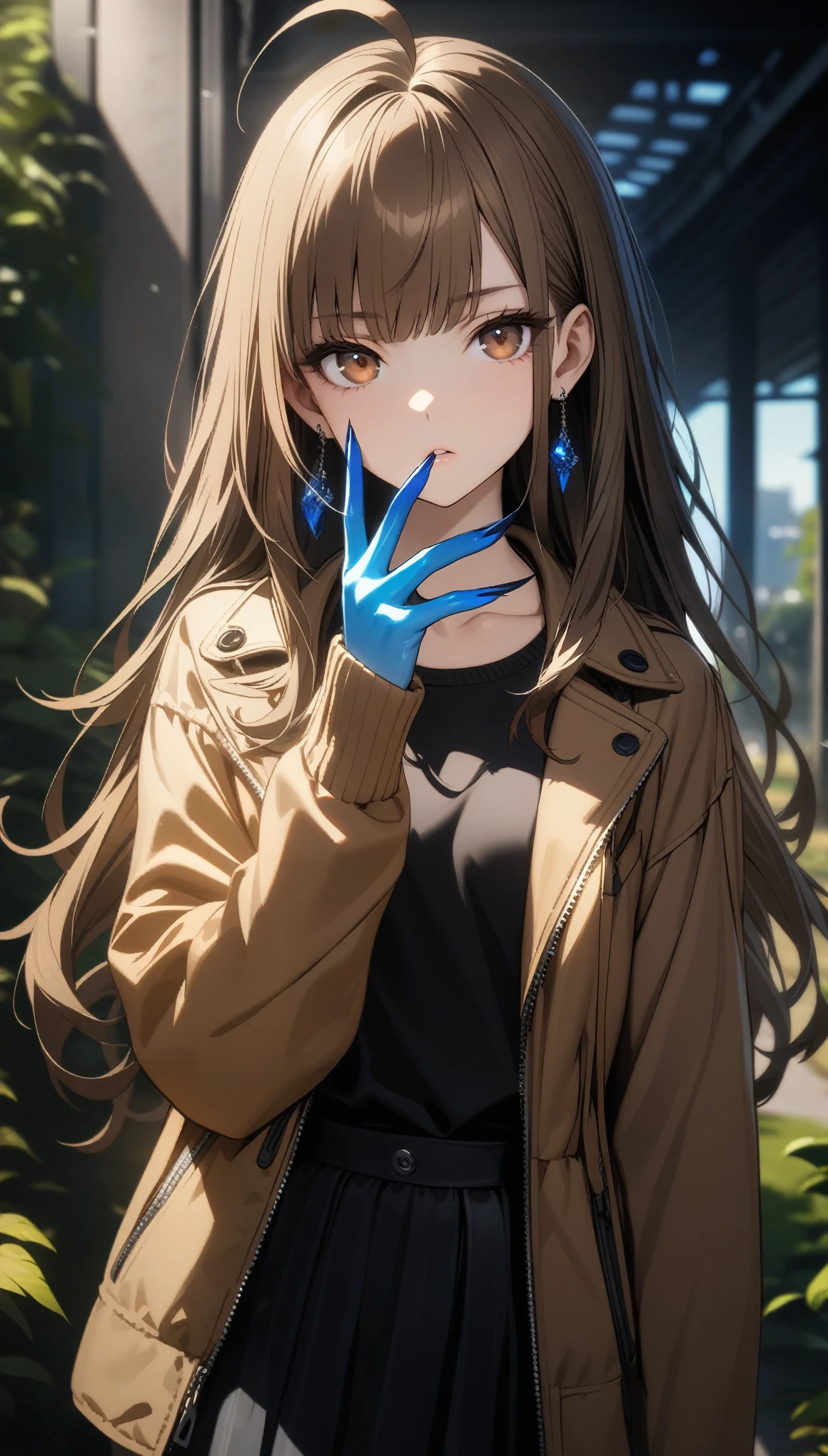 32k, best quality, ultra high res, HDR, UHD, extremely detailed CG, unity 32k wallpaper, double,, , One girl, Ahoge, bangs, black skirt, black sweater, Blue Claws, Blurred, Blurred background, chest, Brown eyes, Brown Hair, brown Jacket, Mouth closed, Day付付き, Day, Depth of written boundary, Earrings, eyelash, Raise your hand, Tilt your head, Jacket, jewelry, Long Hair, Long sleeve, View Viewer, medium chest, Manicure, Open clothes, open Jacket, Outdoor, Pursed lips, Tucked in shirt, Side Lock, skirt, Sleeves are longer than the wrist, alone, sweater, Upper Body, zipper, , , ((masterpiece)), , 