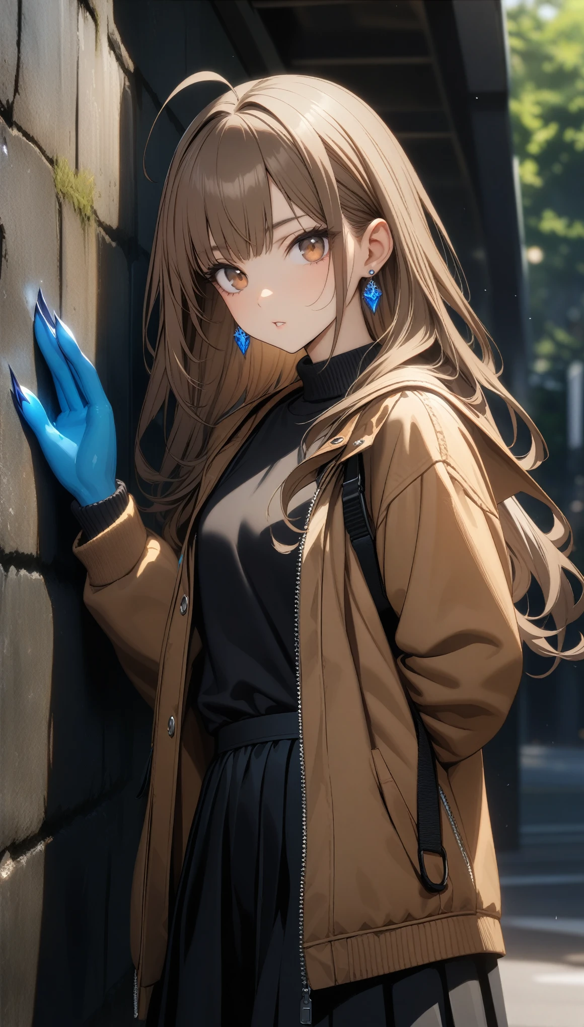 32k, best quality, ultra high res, HDR, UHD, extremely detailed CG, unity 32k wallpaper, double,, , One girl, Ahoge, bangs, black skirt, black sweater, Blue Claws, Blurred, Blurred background, chest, Brown eyes, Brown Hair, brown Jacket, Mouth closed, Day付付き, Day, Depth of written boundary, Earrings, eyelash, Raise your hand, Tilt your head, Jacket, jewelry, Long Hair, Long sleeve, View Viewer, medium chest, Manicure, Open clothes, open Jacket, Outdoor, Pursed lips, Tucked in shirt, Side Lock, skirt, Sleeves are longer than the wrist, alone, sweater, Upper Body, zipper, , , ((masterpiece)), ,