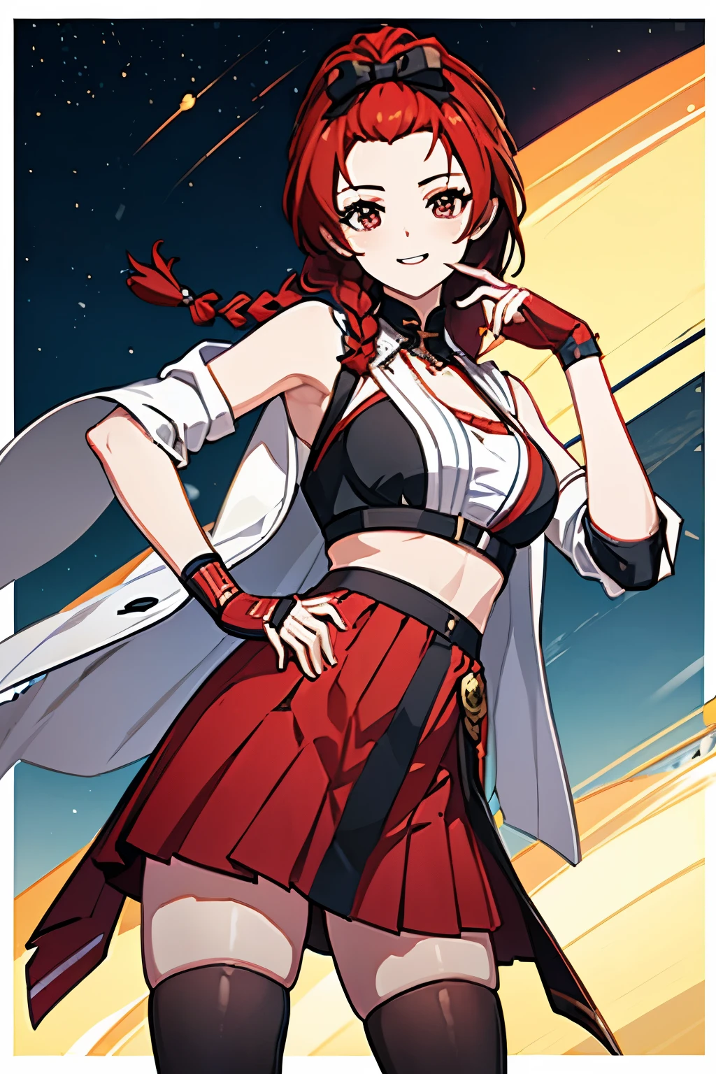 8k, hd, (((masterpiece, best quality))), chixiadef, red colored hair, single braid, thighhighs, sleeveless jacket, open clothes, single thighhigh, asymmetrical legwear, bow, commissioned art, fanart, official artwork, ;), v, smile, sweet girl, outgoing personality, wastelands