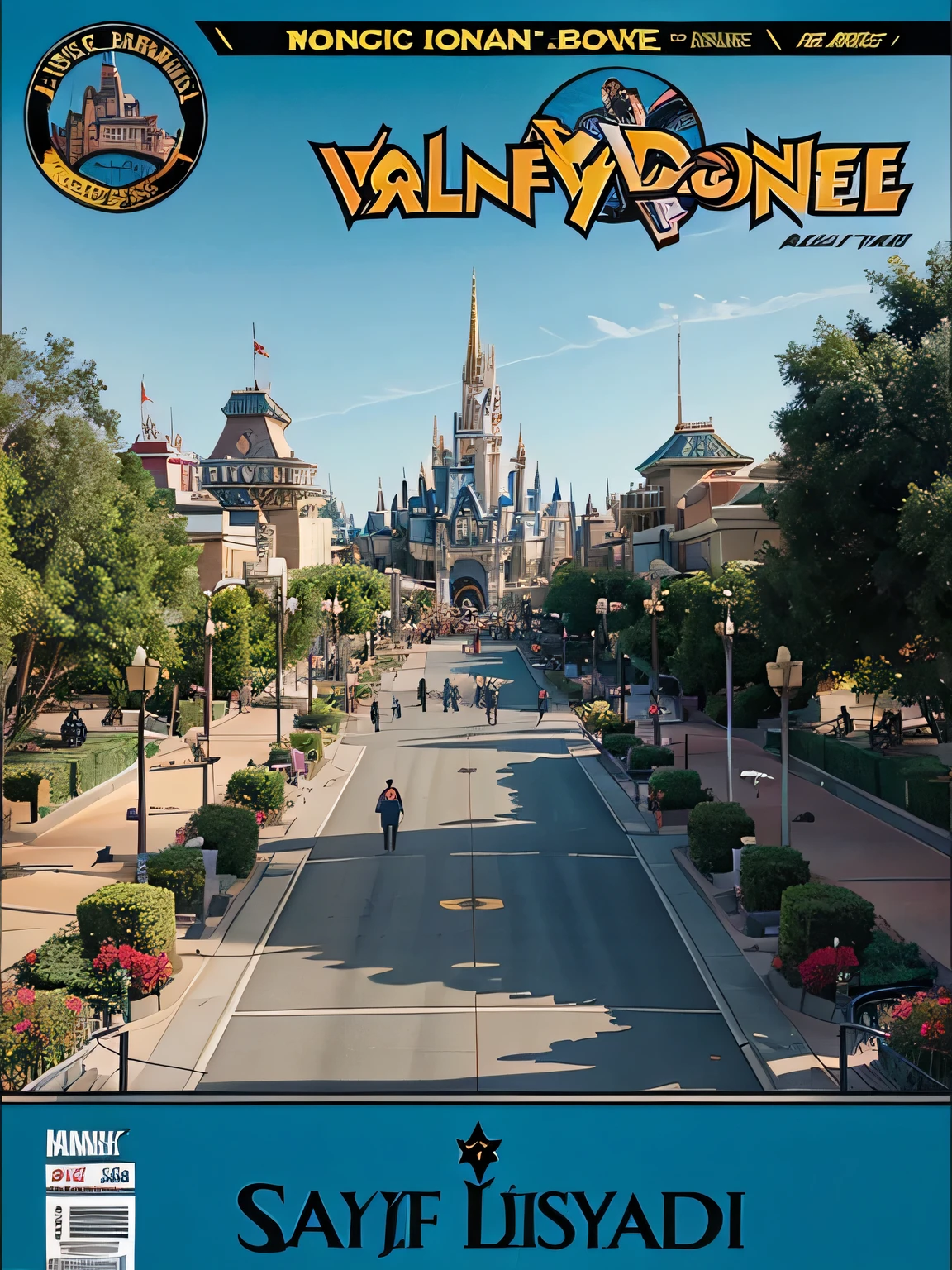 Comic book cover showing Walt Disney and areal view of Disneyland in comic style