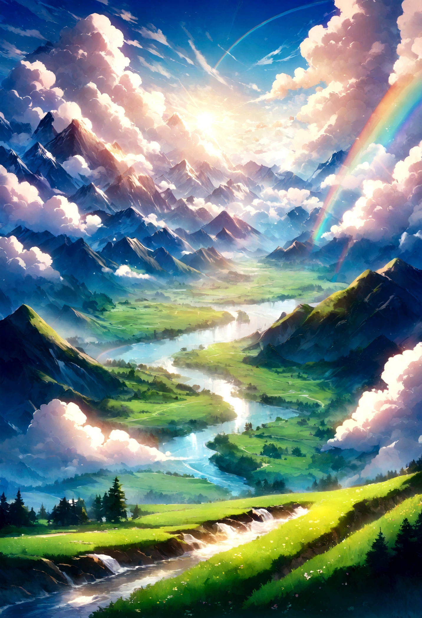 a beautiful landscape, vibrant colors, bright sunlight, rainbow, fluffy white clouds, lush green meadows, sparkling river, majestic mountains