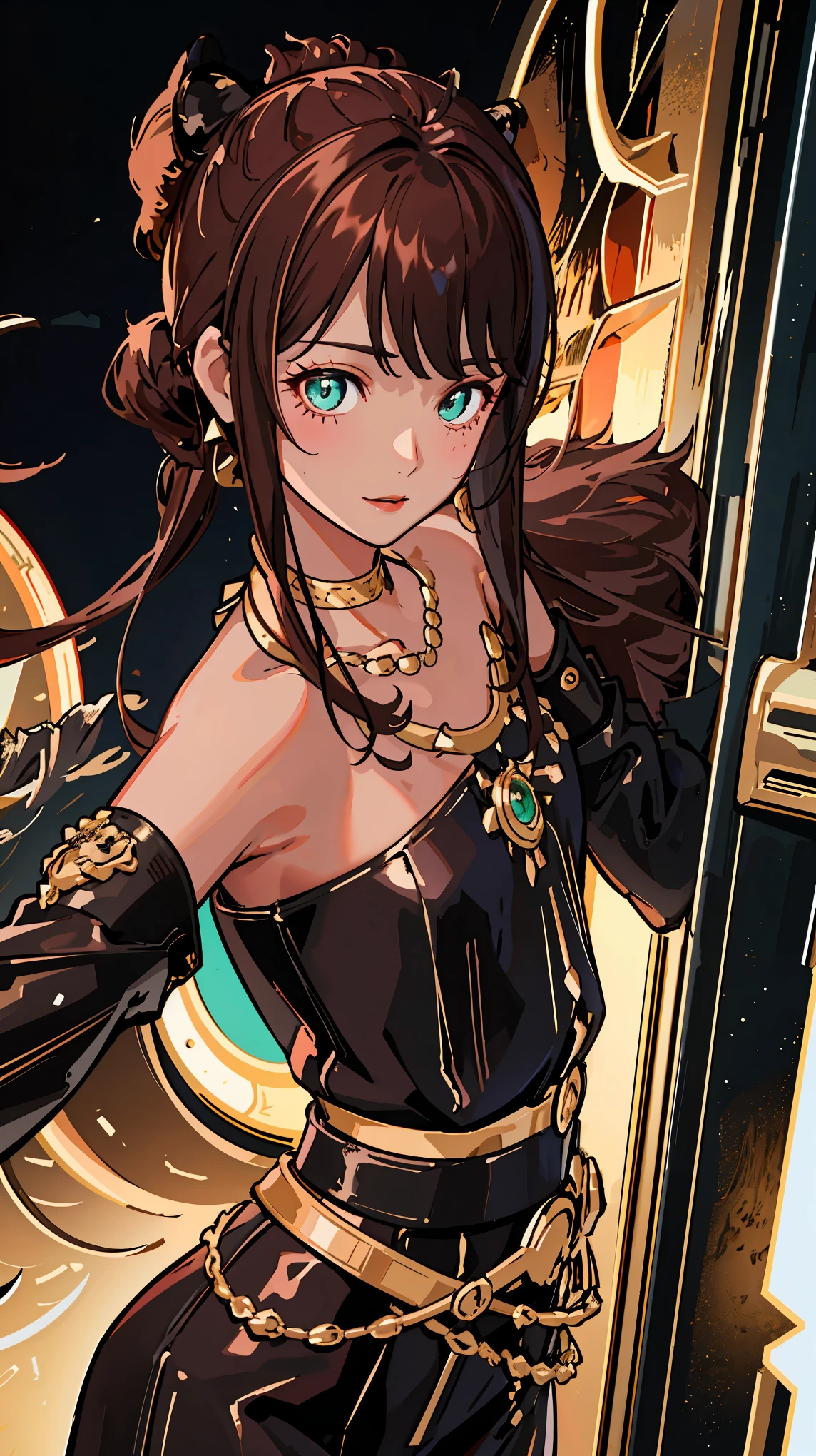 {{{{masterpiece}}}}, {{{Super detailed}}}, {{{high resolution}}}, {{good anatomy}}, (((best quality))),((emerald eyes,brown hair)),{{Extremely detailed and refined}}, {4k CG wallpaper}, {{illustration}}, ((dark skin,african lady,dark brown skin)),(((Side face contour,Close-up,,detailed face,bigger eyeballs))),(ponytail|undercut|Detailed hair|blunt bangs|shiny hair),(((sweater with Leopard printed,long sleeves))),(arch canthus),{{{emotionless,milf,mature}}},(lesbian,mystery,intoxicated lady,1 woman:1),(Color difference:1.2),(small breasts),(simple background),The details are complex[、movie lighting、Reflectors、a Canon EOS R5、50mm lens、f / 2.8、shot at 8k resolution、