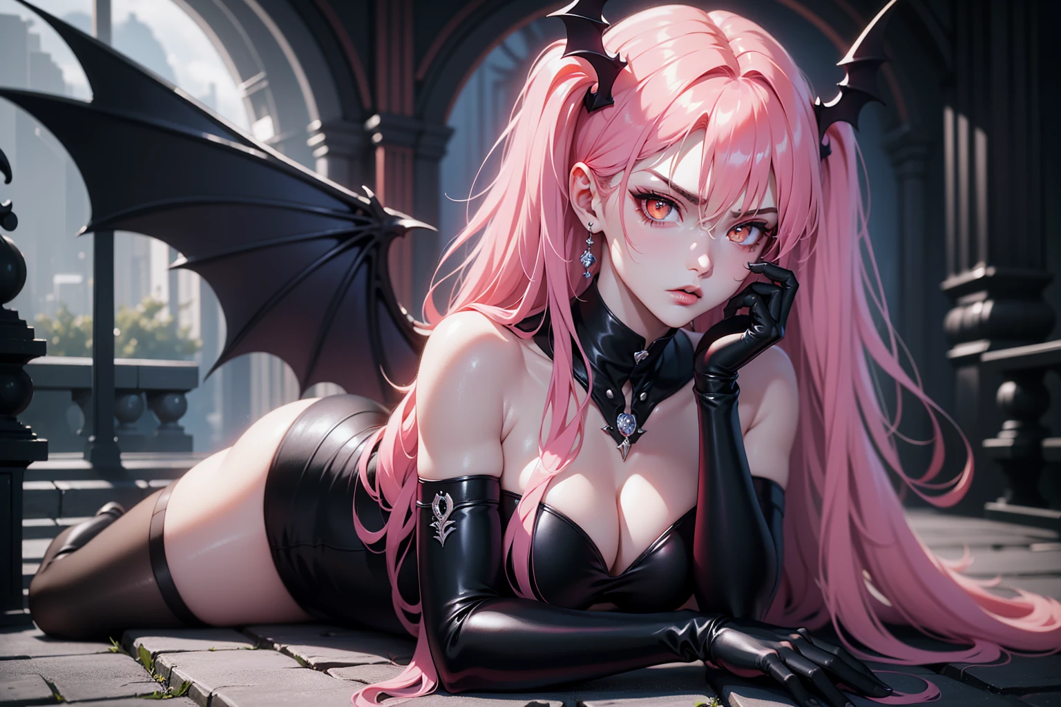 a sexy succubus with cute horns with black blotches, big pink eyes, large breasts and wide hips, strong legs, wearing black legwear, collar, large breasts, nipples, looking at viewer, pov