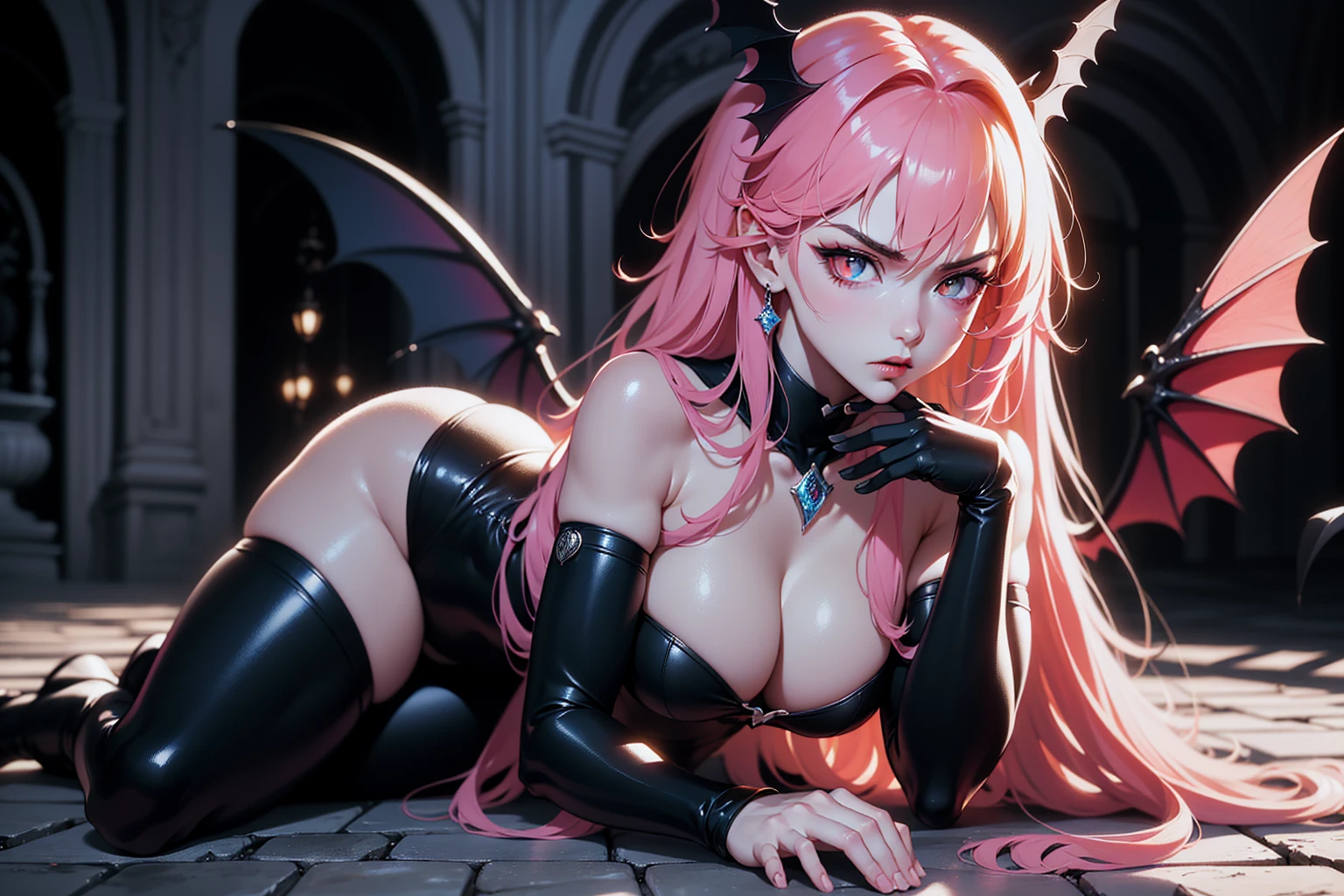 {-erro_de_anatomia:1.0} (best quality,4k,8k,highres,masterpiece:1.2) (masterpiece, top quality, best quality, official art, beautiful and aesthetic: 1.2), (1 woman: 1.3) Succubus girl, long pink hair , orange eyes, (crystal eyes) succubus wing, black pant, black gloves,  attractive, moonlight, dinamic poses, perfect hands (perfect fingers),laying on the ground, angry face, cruel face