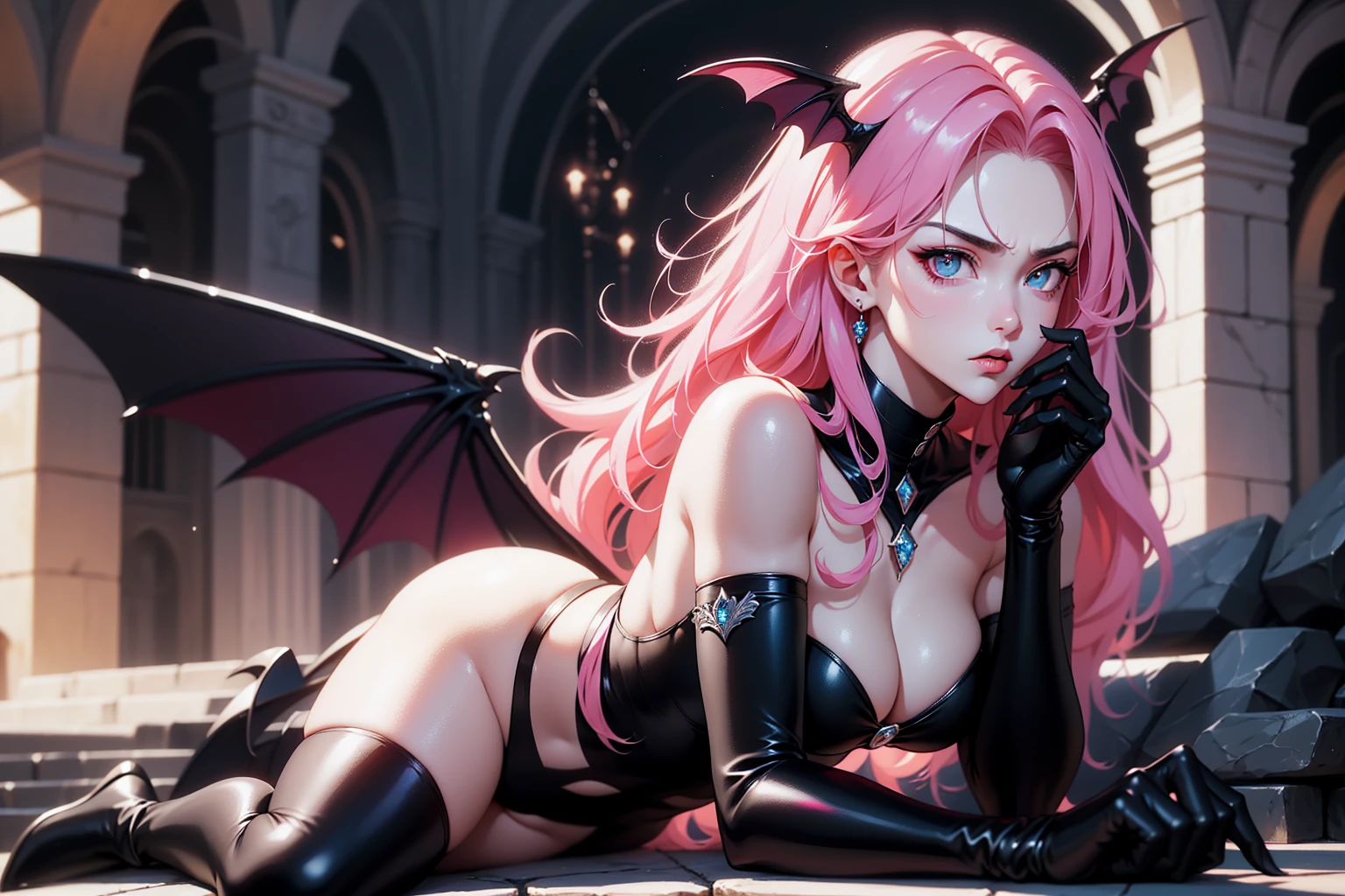{-erro_de_anatomia:1.0} (best quality,4k,8k,highres,masterpiece:1.2) (masterpiece, top quality, best quality, official art, beautiful and aesthetic: 1.2), (1 woman: 1.3) Succubus girl, long pink hair , orange eyes, (crystal eyes) succubus wing, black pant, black gloves, attractive, moonlight, dinamic poses, perfect hands (perfect fingers),laying on the ground, angry face, cruel face