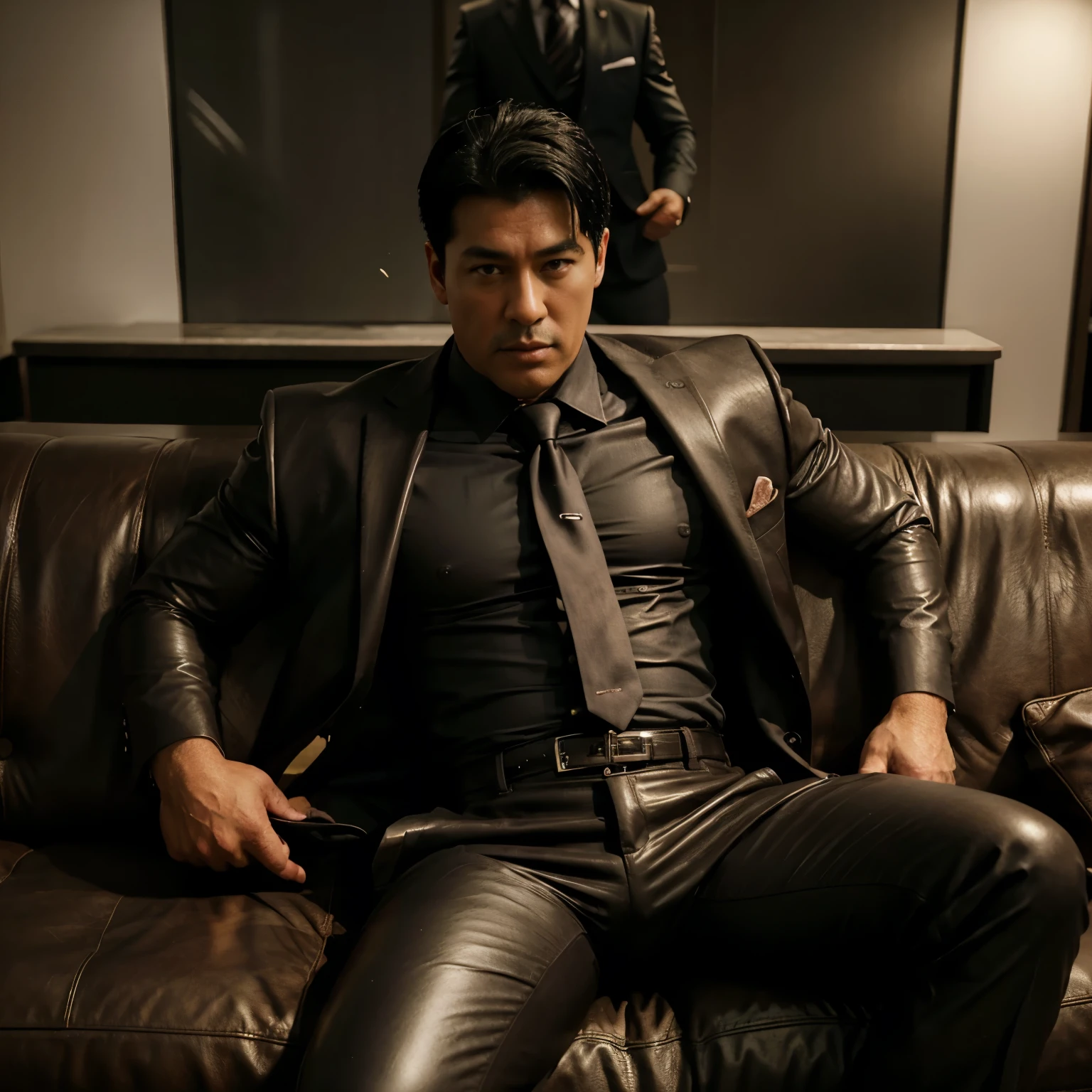 30 years old,daddy,"shiny suit ", wear shirt, pants, waistcoat, necktie, leather trousers man ,Dad sat on sofa,k hd,in the office,"big muscle", gay ,black hair,asia face,masculine,strong man,the boss is,handsome,,leather gloves,lecherous dad,look straight ahead,dad is handsome,dad is handsome ,dad is "horny dad"