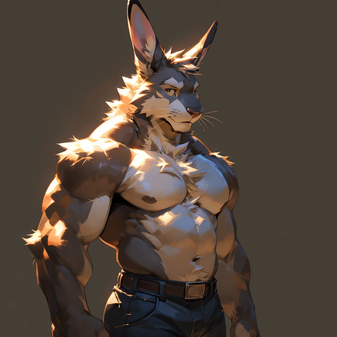 Solo, male, medium muscular, Solo, male, Light brown hare, in one color tone, with long ears, shirtless, in jeans, chest, big chest view, ((focus body, furry focus, shadows focus, body shadows, focus chest)) nice body, standing, posing, model, light, shades, 4k, high quality (((gray background, gray wallpaper, one color))), by darkgem, by mystikfox61