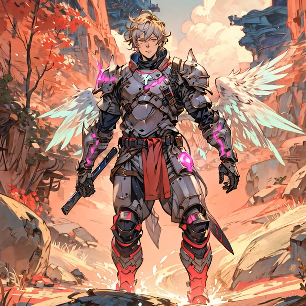 A man wearing a fantasy-style biotech combat suit, glowing eyes, the design balances weight with agility, a high-tech bio-mecha armor, this character embodies a finely crafted anime-style fantasy-surreal armored hero, anime style. exquisite and mature manga art, (battle damage, element, plasma, energy, armor shines), ((male: 1.5)), metallic, real material texture, dramatic, high definition, best quality, high resolution, ultra-detailed , ultra-fine painting, extremely delicate, professional, perfect body proportions, golden ratio, anatomically correct, symmetrical face, extremely detailed eyes and face, high quality eyes, creativity, RAW photo, UHD, 32k, natural light, cinematic lighting, artwork cousin with perfect anatomy, masterpiece: 1.5