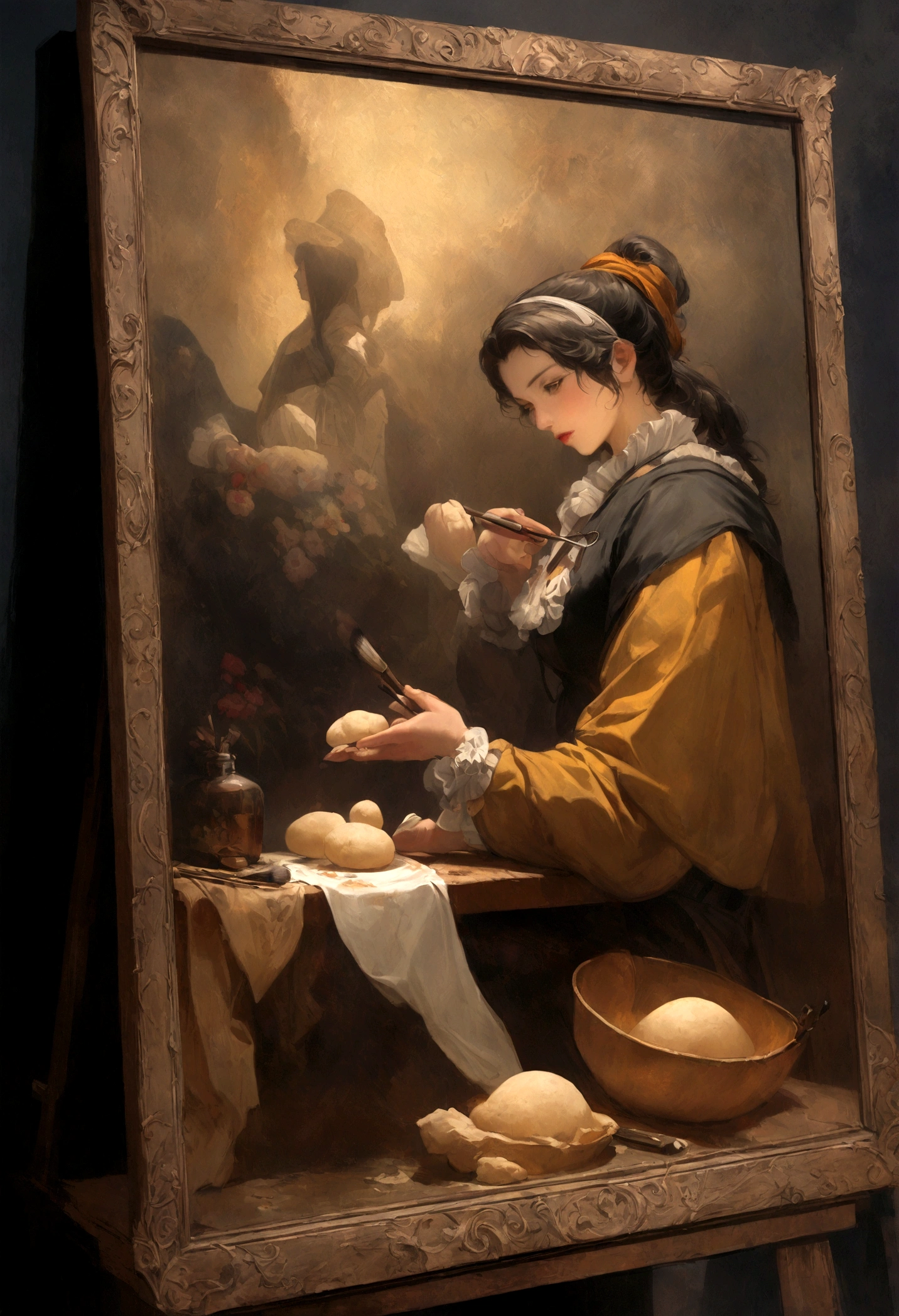 painting, Heavy brushstrokes, Paint drips, Stunning Floral Still Life Paintings, Baroque, A strong contrast between light and darkness, emotional intensity, tenebris, soft edge, Oil on canvas, , Baroque, realism, Chiaroscuro, Dutch Golden Age, Dough, Rembrandt van Rijn, Rembrandt, rich, Dark, Layered images made of cell shadows, Golden Ratio, The award-winning, professional, Very detailed, Wheels within wheels, Volumetric Lighting, Gorgeous, masterpiece, Clear focus, Depth of Field, Perfect composition, Award winner, art station, Acrylic painting, pixiv fan box trend, Palette knife and brush strokes, 16K High Resolution, Ultra HD