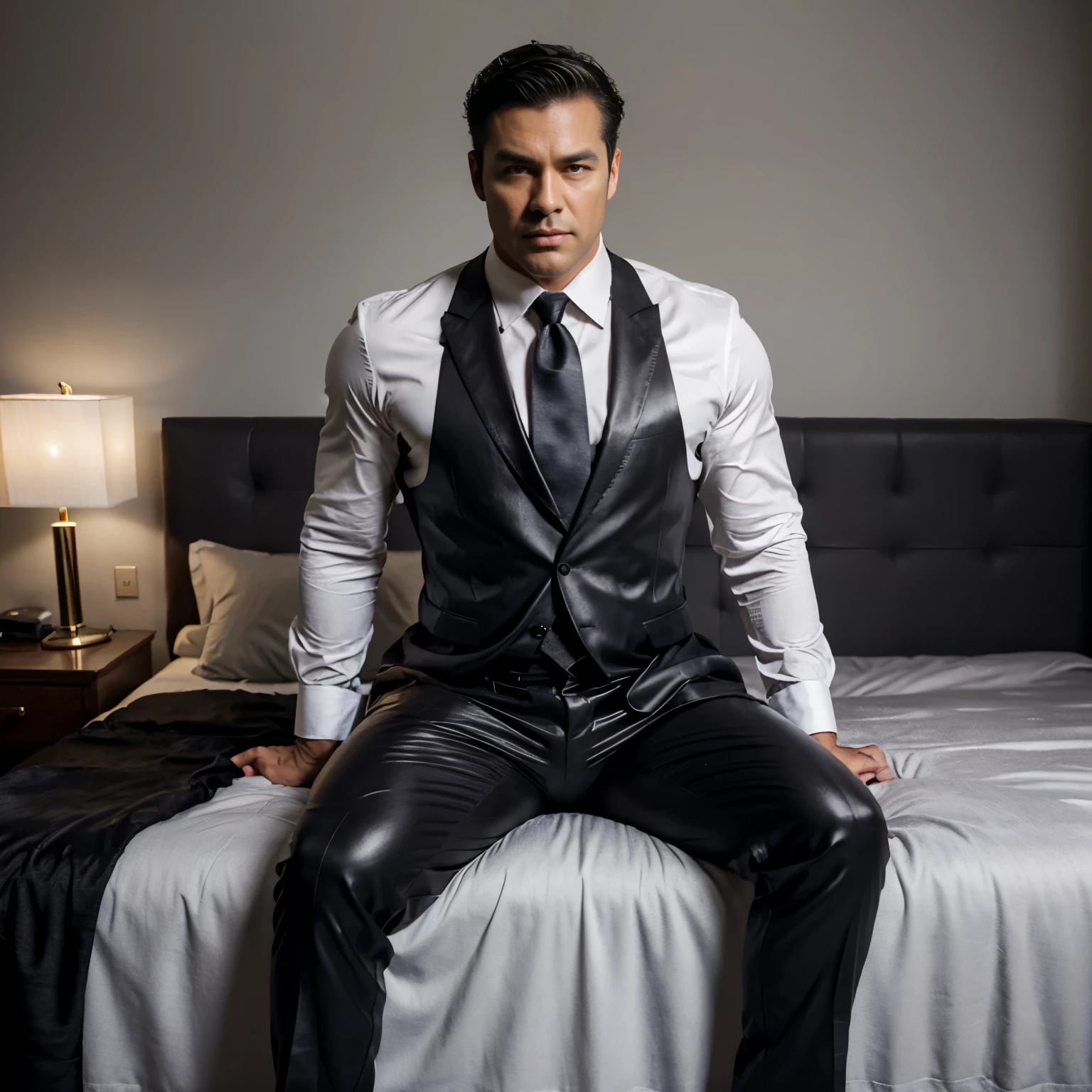 30 years old,daddy,"shiny suit",wear white shirt, pants, necktie, waistcoat, shiny trousers,dark gray satin fabric ,Dad sit down on the bed, k hd,in the office,"big muscle" ,black hair,asia face,masculine,strong man,the boss is,handsome,,leather gloves,lecherous dad,look straight ahead,dad is handsome,dad is handsome, dad is "horny daddy"