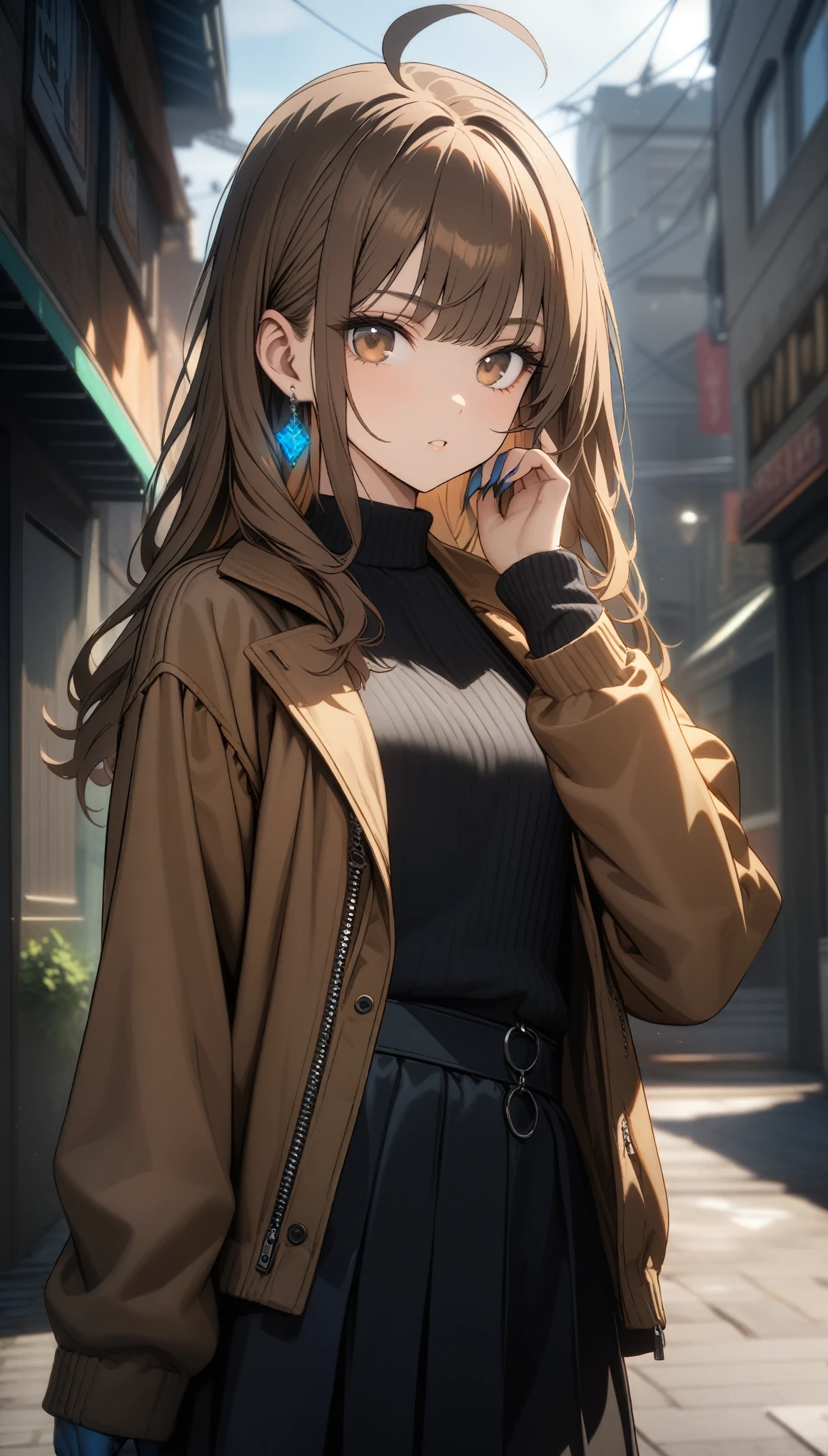 asunayuuki、、asuna yuuki、Long Hair、Brown Hair、Brown eyes、Medium breast、、、レターマン Jacket、Jacket、、Outdoor、crowd、people々、in、目の上に in、One eye closed、smile、Beanie、pants、Open clothes、はだけたJacket、、Cowboy Shots、solo、Staring at the audience、Dutch Angle、