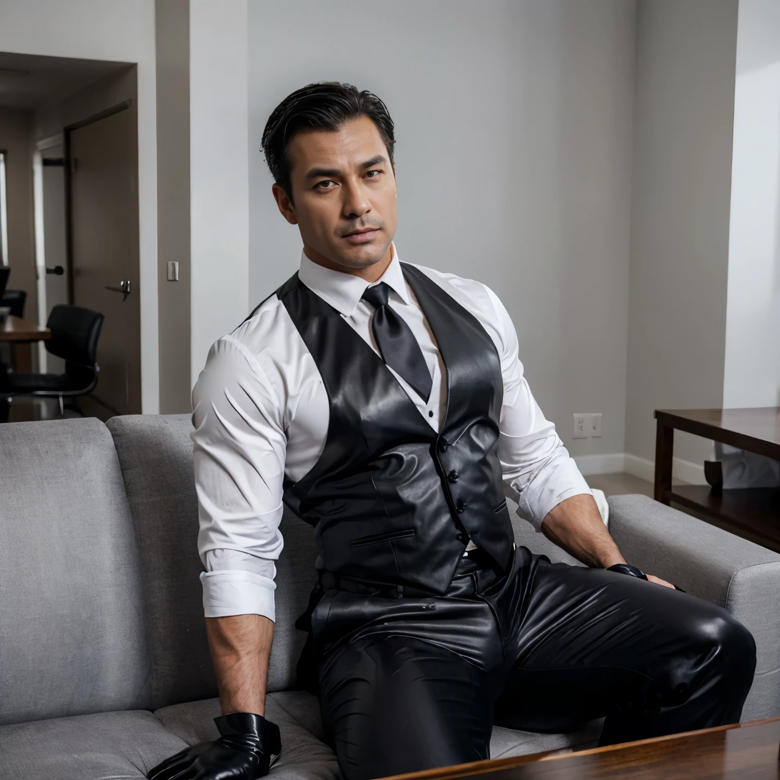 30 years old,daddy,"shiny suit",wear white shirt, pants, necktie, waistcoat, shiny trousers,dark gray satin fabric ,Dad sit down on the sofa, k hd,in the office,"big muscle" ,black hair,asia face,masculine,strong man,the boss is,handsome,,leather gloves,lecherous dad,look straight ahead,dad is handsome,dad is handsome, dad is "horny daddy"