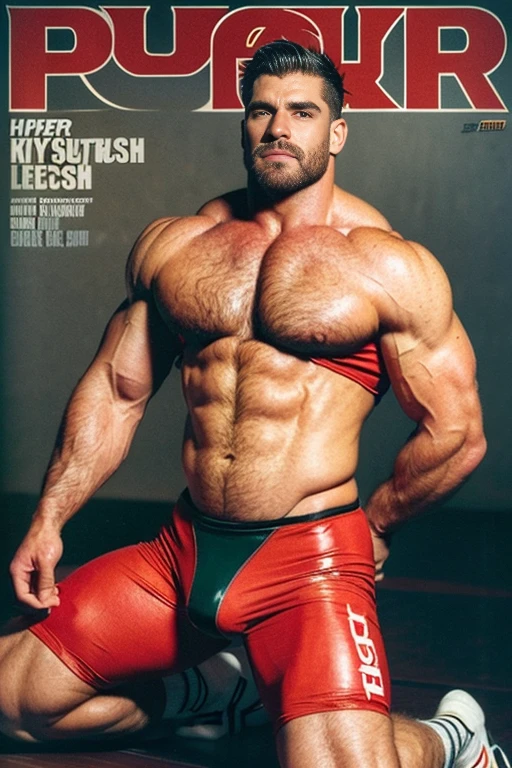 absurderes, hight resolution, 1male people, full body visible (wrestling Magazine covers:1.2), Yaoi(bara) , Stubble,clothes down, matured male, ruggedly handsome face(Zeus), dark eyes, mustache, old face, beefy,thick dark eyebrow, thick eyebrows, Male Focus, designed beard、(wearing red thong), big bulging crotch, big crotch, latex, wrestling uniform, red wrestling singlet, kneeling with legs open, leaning back, crotch in focus, Detailed body,Ultra-detailed eyes,hyperdetailed face,(Gray hair:1.2),(All Back Hair:1.2)、(Very short hair:1.2),(hyper pecs:1.5),Open Claus,(Soft smile:1.2),Perfect ligthing,(flexing biceps:1.2)