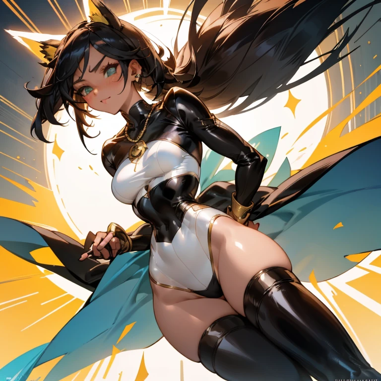 _Raven. Age: - Appearance of 20 years. Physical appearance: - Skin tone: Brunette, with a healthy glow. - Hair: Short, nape-length, deep lime green, with a messy, asymmetrical cut that gives it a rebellious air. - Eyes: Large, deep amber, with a mischievous and defiant shine. - Height: Short stature, around 1.65 meters. -Physique: Strong and athletic, with well-defined muscles but without losing its femininity. Toned legs and arms, a defined waist, she has medium breasts, a round butt and long legs. - Face: Fine features, with thick and expressive eyebrows. Full lips of a natural color, always showing a cocky smile. Outfit: - Top: A tight-fitting black short-sleeved t-shirt, showing a bit of her toned abdomen. - Trench coat: A black leather trench coat, long to the knees, with silver details and multiple pockets. - Pants: Tight black leather pants, highlighting your athletic figure. - Boots: Black combat boots, mid-calf length, with silver buckles. - Accessories: Leather fingerless gloves, several rings on both hands, a silver chain necklace. Maybe some eyebrow or ear piercing for a more rebellious touch. Character and Attitude: - Character: Conceited, always sure of herself and her abilities. He has a defiant attitude and is not afraid to say what he thinks. - Smile: Always with a smiling and somewhat mocking smile, showing his playful and provocative side, showing his small fangs. - Movements: Agile and determined, every movement she makes is with purpose and grace. - Behavior: He is not afraid of challenges, and loves to be in the center of attention. His laugh is contagious, but he can also be intimidating when he wants to.