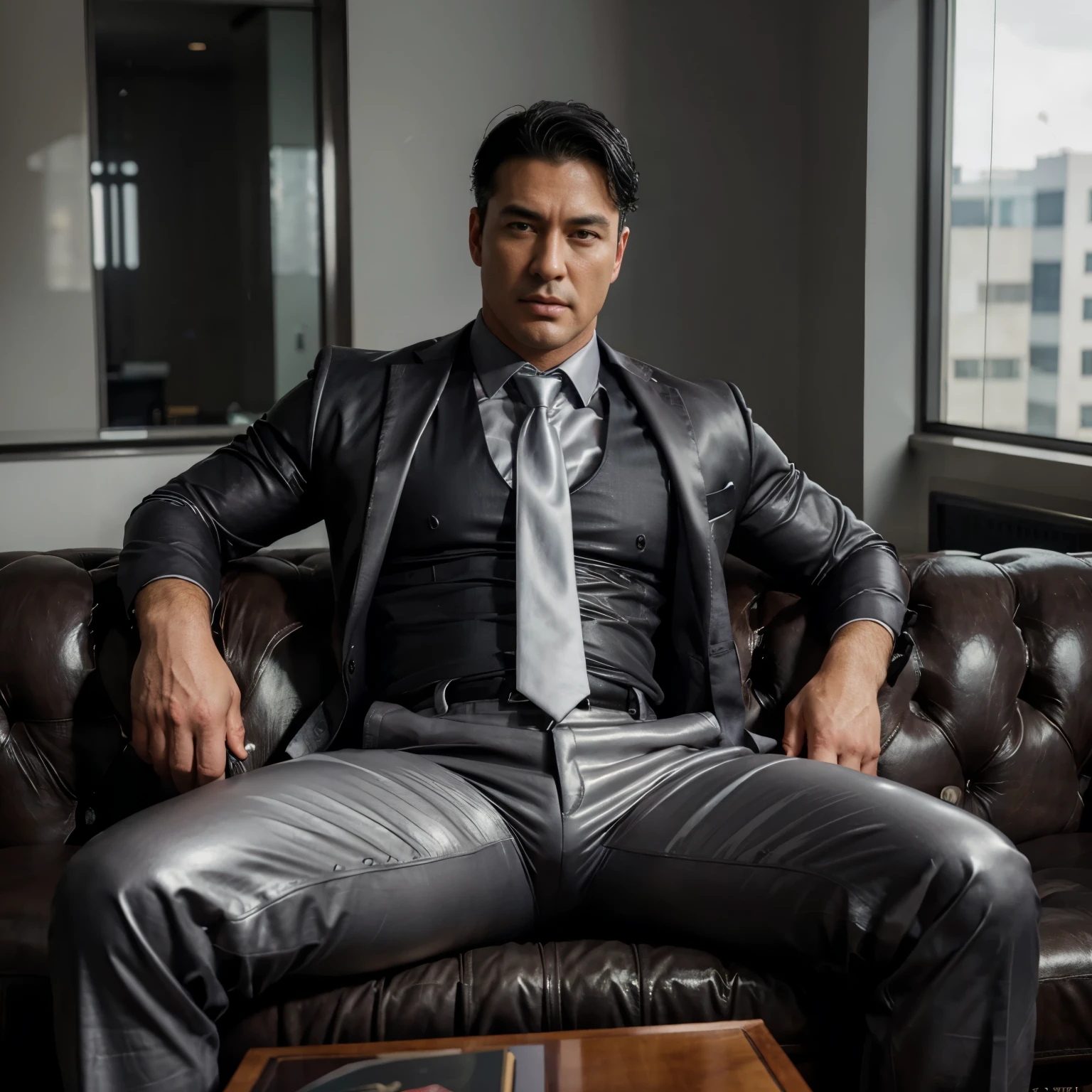 30 years old,daddy,"shiny suit",wear white shirt, glossy pants, necktie, waistcoat, shiny satin trousers,dark gray satin fabric ,Dad sit down on the sofa,  k hd,in the office,"big muscle" ,black hair,asia face,masculine,strong man,the boss is,handsome,,leather gloves,lecherous dad,look straight ahead,dad is handsome,dad is handsome, dad is "horny daddy"