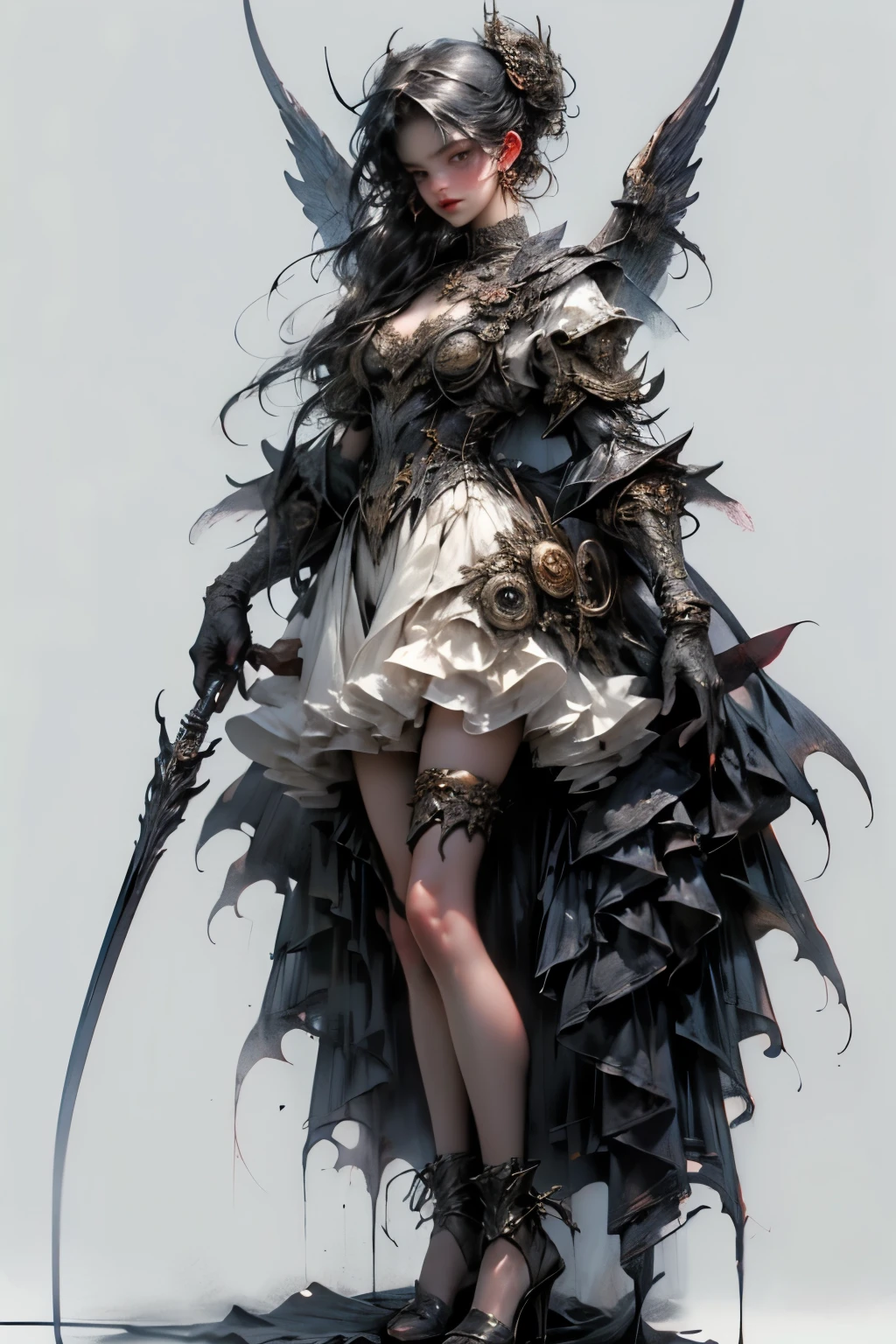 ((best quality)), ((masterpiece)), (detailed), perfect face ((best quality)), ((masterpiece)), (detailed), blank white background, plain background, white background, Bloodborne inspired,  occult aesthetic, occult, detailed and intricate steampunk and detailed gothic, (zentangle, mandala, tangle, entangle),  NSFW, torn clothing, Very dramatic and cinematic lighting, cosmic horror, grim-dark, side-lighting, perfect face, a beautiful goddess adorned and enshrined in armour, Bloodborne inspired , occult aesthetic , occult , detailed and intricate steampunk and detailed gothic , wielding a sword and holding a shield, NSFW, Fluttering lace flared short dress with frilly petticoats, knee length dress, pleated petticoats, lolita dress, petticoats gothic lolita, side-lighting, gothic lolita aesthetic, beautiful small breasts, small breasts, full body, whole body, body, plain background, white background, blank background, no background, white background NSFW, full body, whole body, head-to-toe