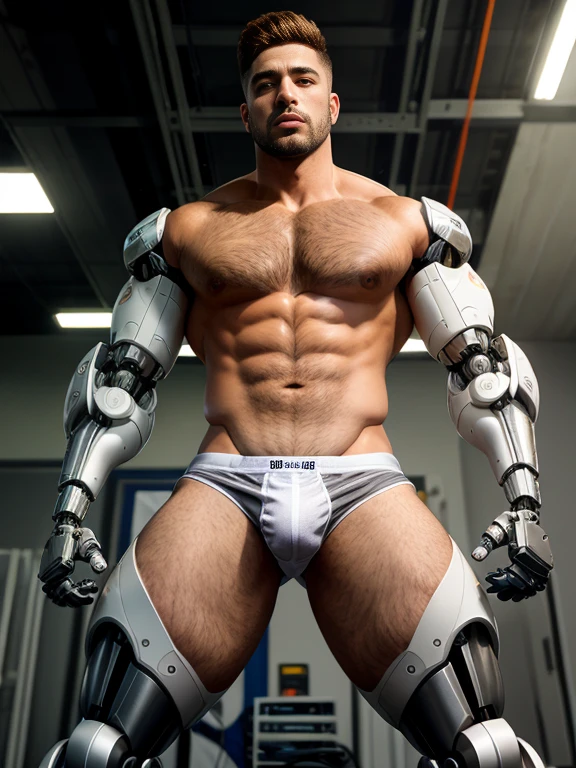 tall bionic man, corpo atletico, primeiro o rei, pelos corporais, ginger hair, barba desenhada, white speedo, LARGE BULGE IN THE UNDERWEAR, flexed biceps, robotic artificial leg prosthesis, Homem com pernas amputadas,Robotic carbon legs, big buttock, ambiente de quarto, high definition, Alta qualidade e realista, show mechanical legs and foots