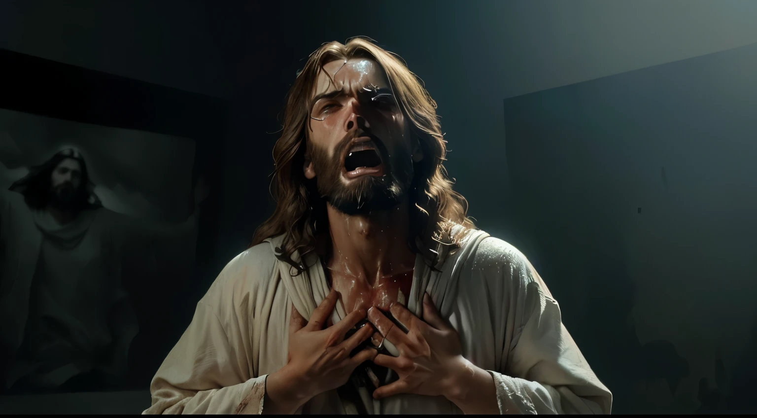 Jesus Christ returning, he is choking, with his hands on his neck, he vomits, showing that he is choking, something strange comes out of his mouth, realistic image, 16:9 photo quality, 4k