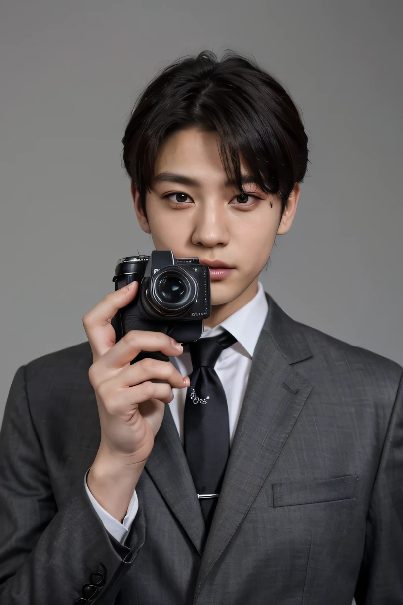 Kim Mingyu wearing a black suit and holding a camera on his eye his face like clicking a picture front face with plain grey background