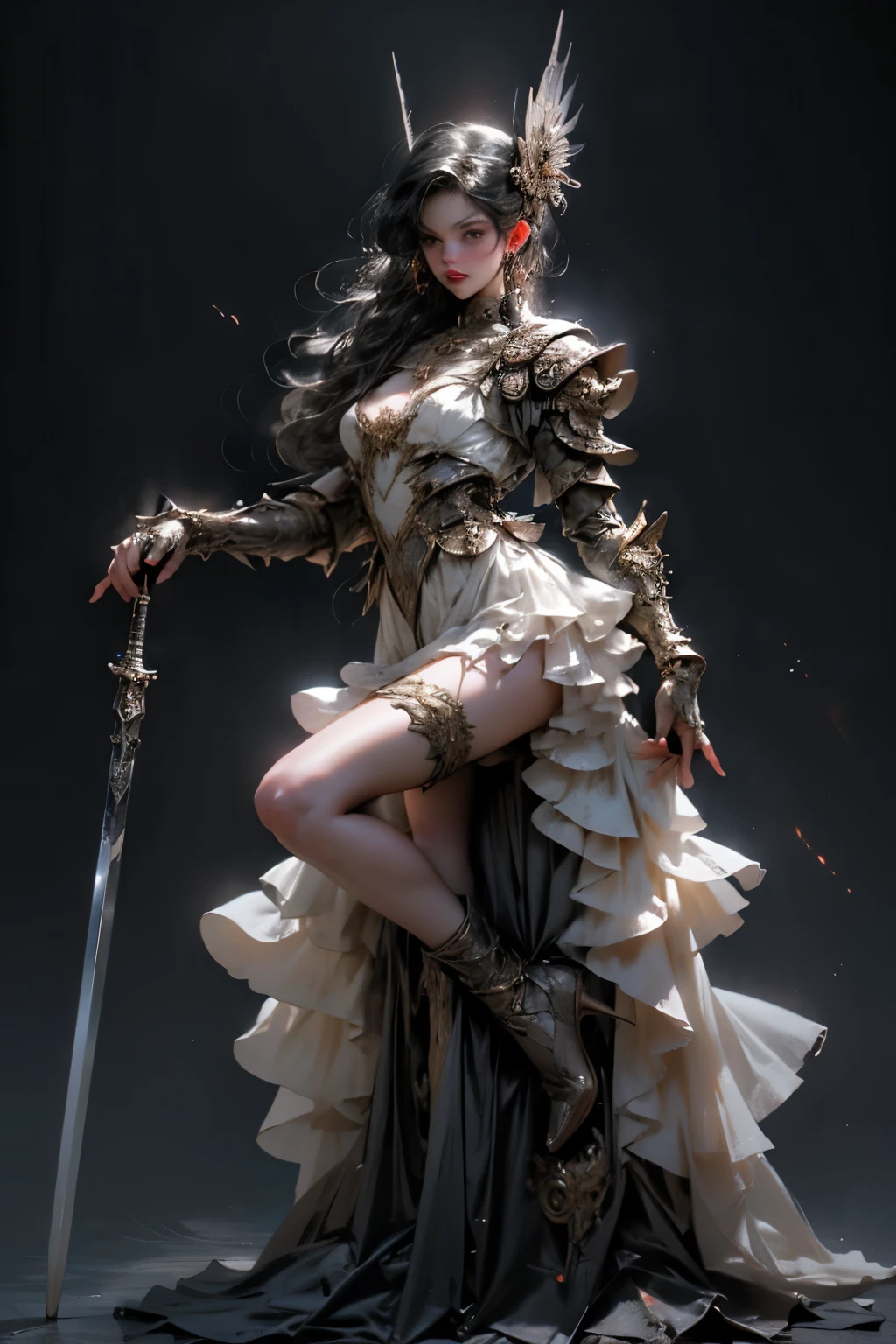 ((best quality)), ((masterpiece)), (detailed), perfect face ((best quality)), ((masterpiece)), (detailed), blank white background, plain background, white background, Bloodborne inspired,  occult aesthetic, occult, detailed and intricate steampunk and detailed gothic, (zentangle, mandala, tangle, entangle),  NSFW, torn clothing, Very dramatic and cinematic lighting, cosmic horror, grim-dark, side-lighting, perfect face, a beautiful goddess adorned and enshrined in armour, Bloodborne inspired , occult aesthetic , occult , detailed and intricate steampunk and detailed gothic , wielding a sword and holding a shield, NSFW, Fluttering lace flared short dress with frilly petticoats, knee length dress, pleated petticoats, ta dress, petticoats gothic loliside-lighting, gothic lolita aetic, beautiful small breasts, small breasts, full body, whole body, body, plain background, white background, blank background, no background, white background NSFW, full body, whole body, head-to-toe