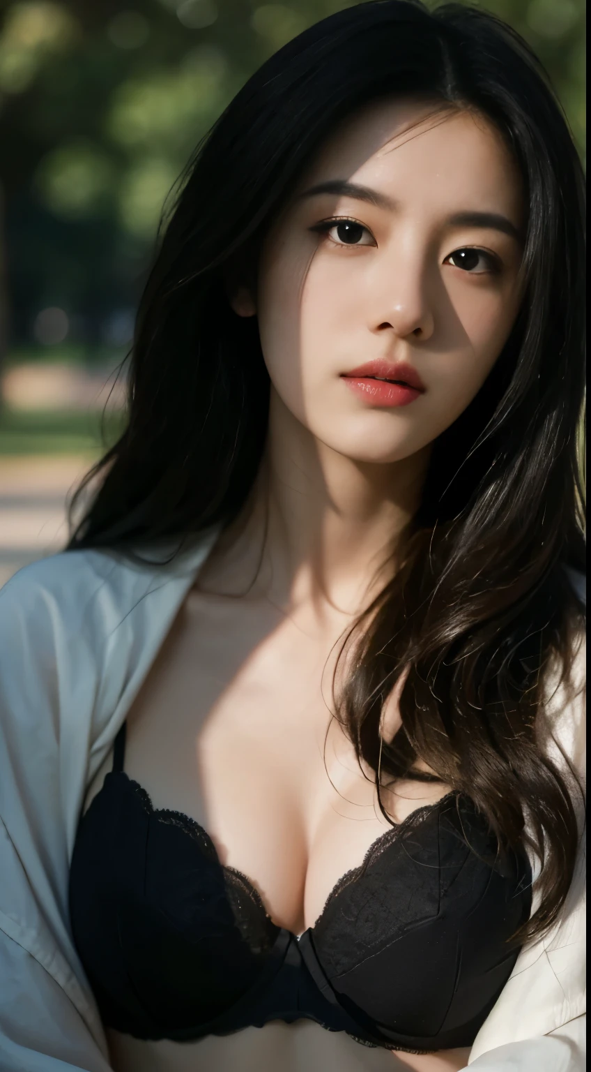 Best quality, masterpiece, ultra high res, (photorealistic:1.5), raw photo, 1girl, in the park, deep shadow, low key, cold light, sexy look, long hair, polyester badge bra