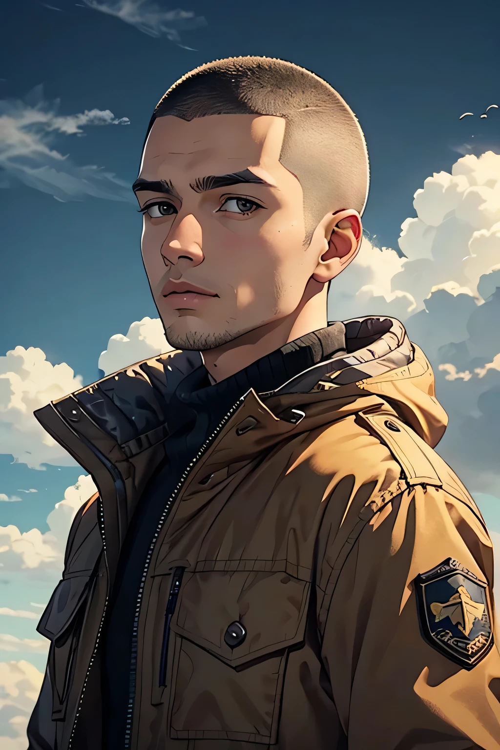 1man solo, buzz cut, brown eyes, masculine, stubble, brown winter jacket 
Background: snowy, she’s looking to the sky, cloudy skies, 