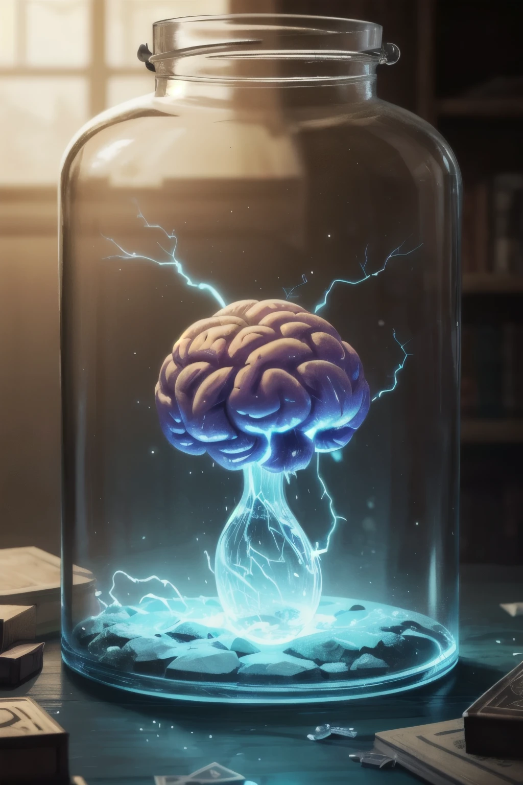 Role playing game (RPG) fantasia de estilo, a human brain growing in a glass jar in a workshop,bottle filled with a translucent and opaque liquid,realistic natural brain,tampa no frasco,volumetric lighting and fog effects to enhance the mystical atmosphere,lightning in a jar,inacreditavelmente lindo,Crocante,detalhado,ultramodern,Alto contraste,cinematic,. detalhado,vibrante,imersivo,reminiscent of high fantasy role-playing games, Preciso que tenha escrito ANALISE E DESENVOLVIMENTO DE SISTEMAS NESSA IMAGEM