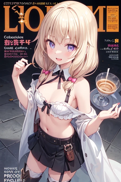 (small breasts:1.2), (perky chest:1.2), (pointed chest:1.2), (Pudding caffe magazine cover:1.3),(from above:1.0),(shoot from the side:0.9),masterpiece, 1girl, Amazing Cleavage:1.1, thin waist, optimum,tmasterpiece,hight resolution,best qualtiy,a 18yo cute girl,anatomy correct,Beautiful Black miniskirt,garters,Gaze,Small face,bangss,holster,Beautuful Women,hands up,leg holster,Gaze,black boots,Cowboy Shot,cute face,a blond,Longhaire,Twin-tailed,Braids, Hairline,(scarlet eyes),long eyelasher,Hanging eye corners,White skin of the, ((see through brown camisole:0.6)), ((Sheer nipples:0.6)),Rocket Tits,(Slim body),smile,seductive weak smiling,(with sparkling eyes and a contagious smile:1.1),little open mouth, Looking at Viewer, small nose,(with sparkling eyes and a contagious smile), very beautiful detailed face and eyes, bright colors, cute face, delicate beautiful face, Bright magenta eyes, cute eyes, sparkling eyes, Big eyes, (medium breasts:1.3), (perky chest:1.1), (pointed chest:1.0), medium hips, glamorous body, white skin, smile, thin pubric hair, shiny hair, super beautiful face, Super beautiful eyes, Super beautiful hair,trendy outfit,sexy and attractive,explosion of colors,big hairpin,full body ,esbian,illegal occupation, Real World, Natural light,perfect Natural light.