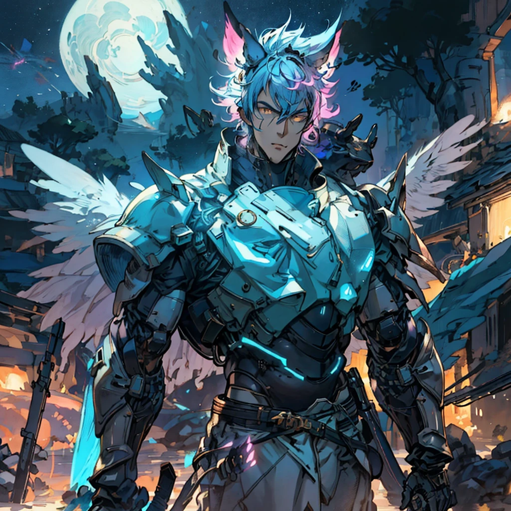 A man wearing a fantasy-style biotech combat suit, glowing eyes, the design balances weight with agility, a high-tech bio-mecha armor, this character embodies a finely crafted anime-style fantasy-surreal armored hero, anime style. exquisite and mature manga art, (battle damage, element, plasma, energy, armor shines), ((male: 1.5)), metallic, real material texture, dramatic, high definition, best quality, high resolution, ultra-detailed , ultra-fine painting, extremely delicate, professional, perfect body proportions, golden ratio, anatomically correct, symmetrical face, extremely detailed eyes and face, high quality eyes, creativity, RAW photo, UHD, 32k, natural light, cinematic lighting, artwork cousin with perfect anatomy, masterpiece: 1.5