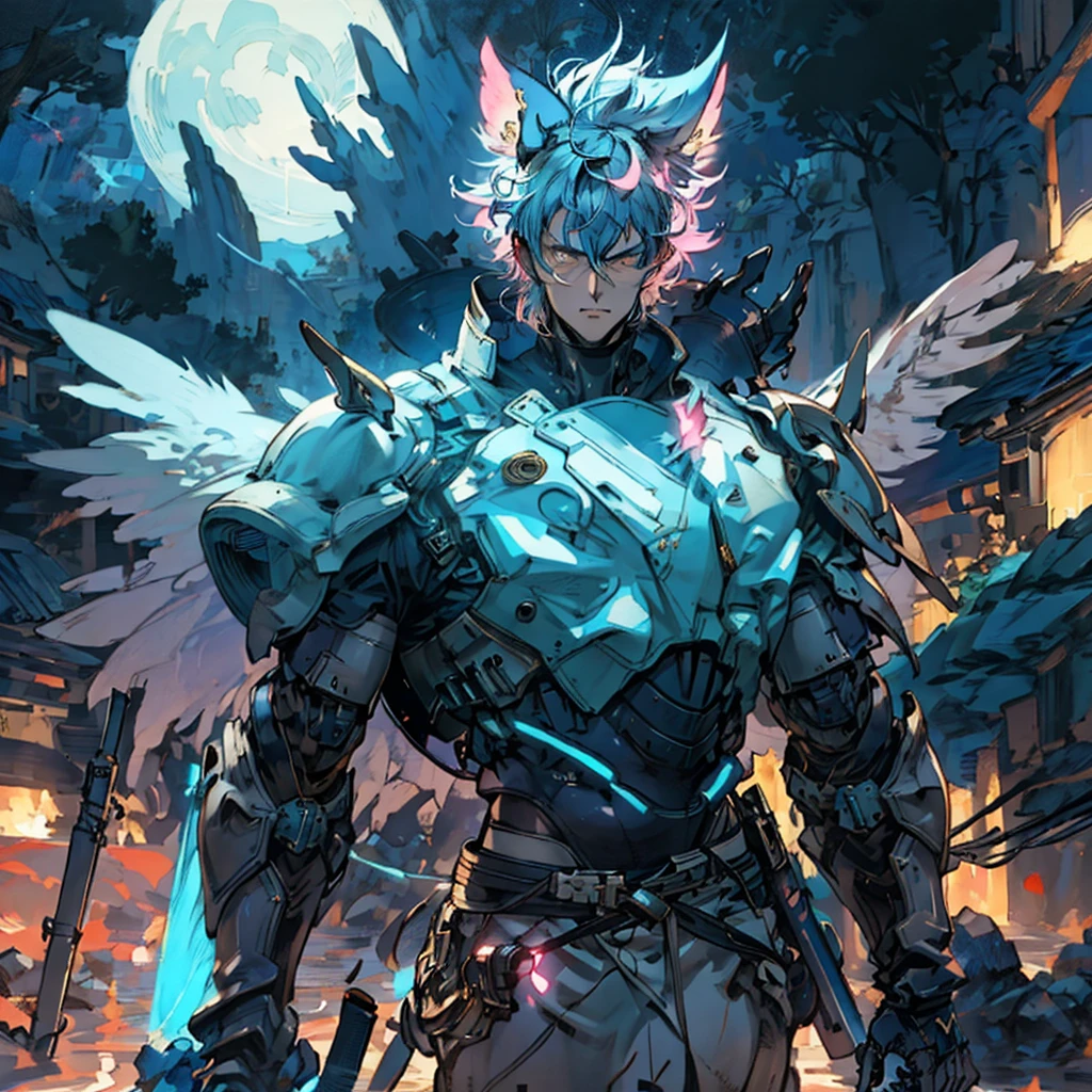 A man wearing a fantasy-style biotech combat suit, glowing eyes, the design balances weight with agility, a high-tech bio-mecha armor, this character embodies a finely crafted anime-style fantasy-surreal armored hero, anime style. exquisite and mature manga art, (battle damage, element, plasma, energy, armor shines), ((male: 1.5)), metallic, real material texture, dramatic, high definition, best quality, high resolution, ultra-detailed , ultra-fine painting, extremely delicate, professional, perfect body proportions, golden ratio, anatomically correct, symmetrical face, extremely detailed eyes and face, high quality eyes, creativity, RAW photo, UHD, 32k, natural light, cinematic lighting, artwork cousin with perfect anatomy, masterpiece: 1.5