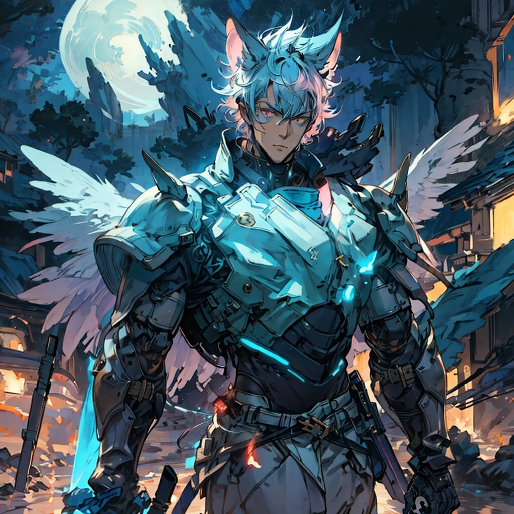 A man wearing a fantasy-style biotech combat suit, glowing eyes, the design balances weight with agility, a high-tech bio-mecha armor, this character embodies a finely crafted anime-style fantasy-surreal armored hero, anime style. exquisite and mature manga art, (battle damage, element, plasma, energy, armor shines), ((male: 1.5)), metallic, real material texture, dramatic, high definition, best quality, high resolution, ultra-detailed , ultra-fine painting, extremely delicate, professional, perfect body proportions, golden ratio, anatomically correct, symmetrical face, extremely detailed eyes and face, high quality eyes, creativity, RAW photo, UHD, 32k, natural light, cinematic lighting, artwork cousin with perfect anatomy, masterpiece: 1.5
