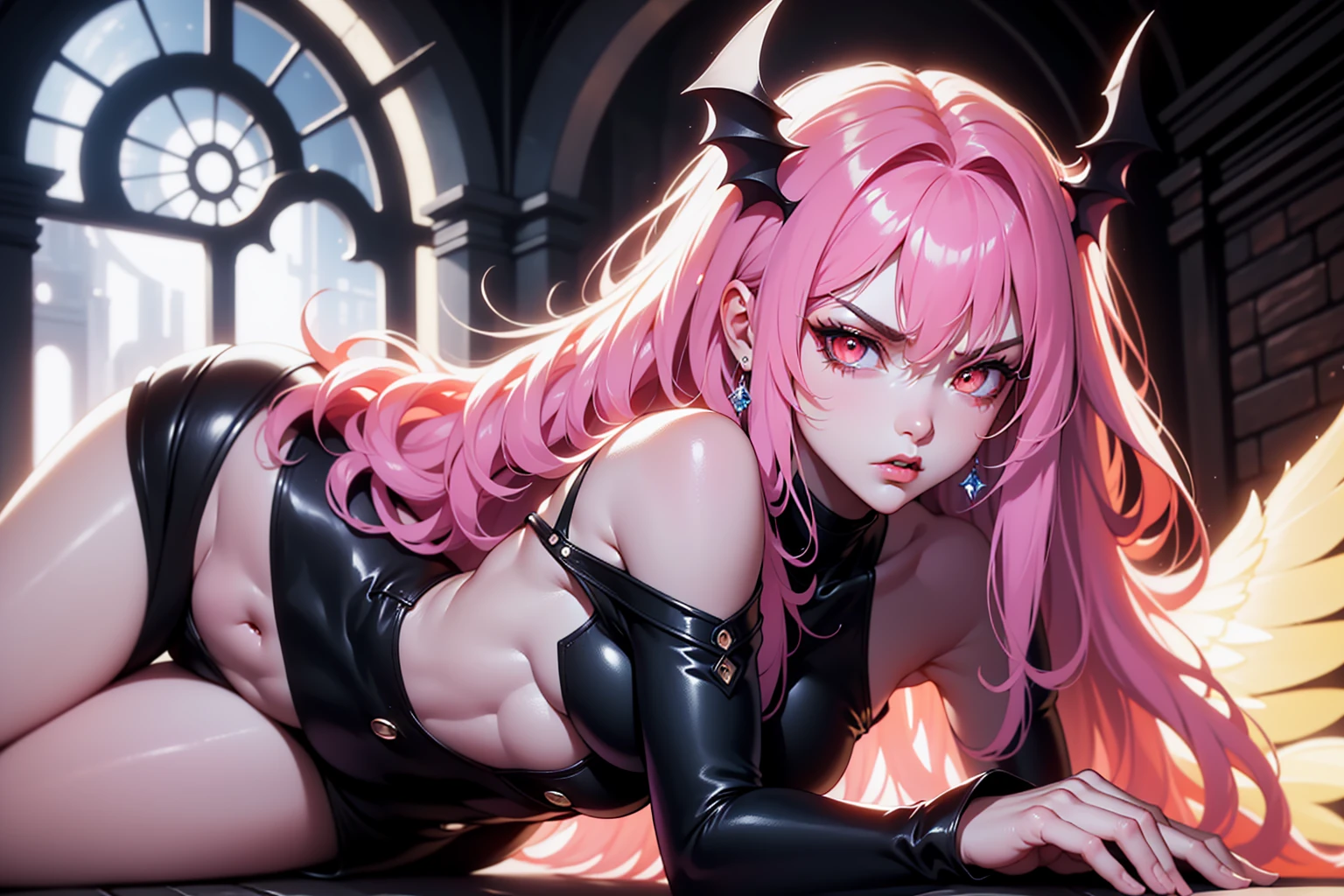 {-erro_de_anatomia:1.0} (best quality,4k,8k,highres,masterpiece:1.2) (masterpiece, top quality, best quality, official art, beautiful and aesthetic: 1.2), (1 woman: 1.3) Succubus girl, long pink hair , orange eyes, (crystal eyes) succubus wing, black pant, black gloves, attractive, moonlight, dinamic poses, perfect hands (perfect fingers),laying on the ground, angry face, cruel face