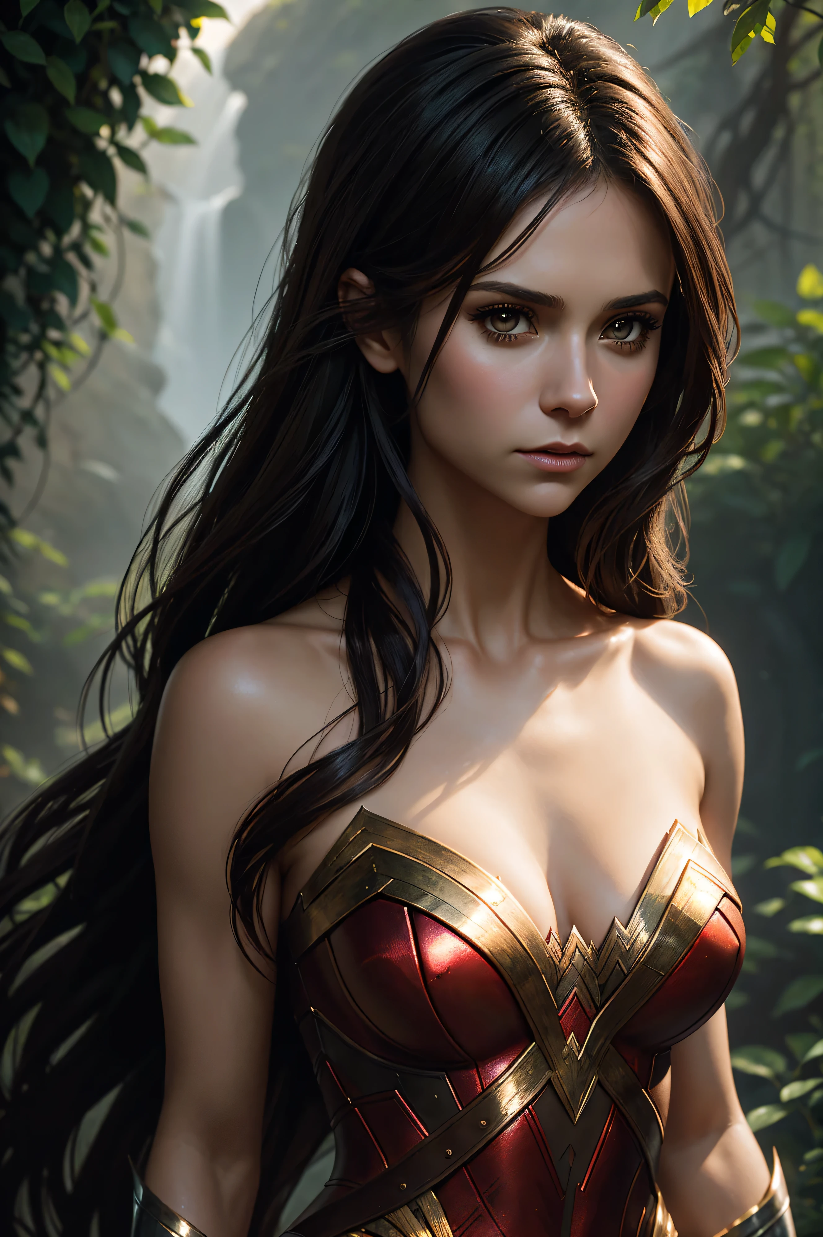 portrait Nina Dobrev, wearing nude breasts wonder woman costume, against the background of the garden, character portrait, 3 9 9 0 s, long hair, intricate, elegant, highly detailed, digital painting, artstation, concept art, smooth, sharp focus, illustration, art by wlop, charlie bowater and alexandra fomina, 16 k
