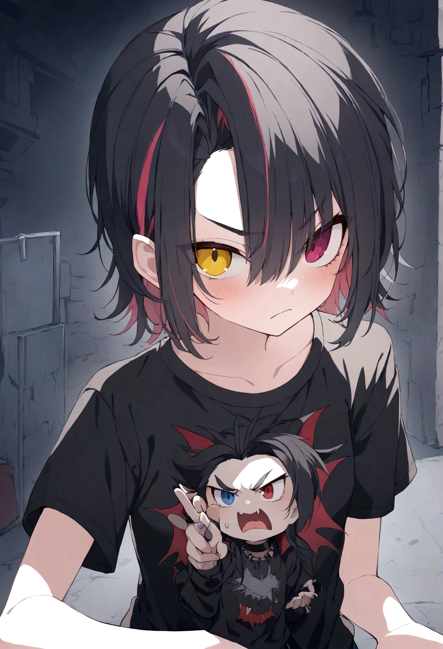 1 girl, , grumpy, short black hair with (colored hair streaks), heterochromia ,, tee shirt, tomboy, punk, accessories, vampire