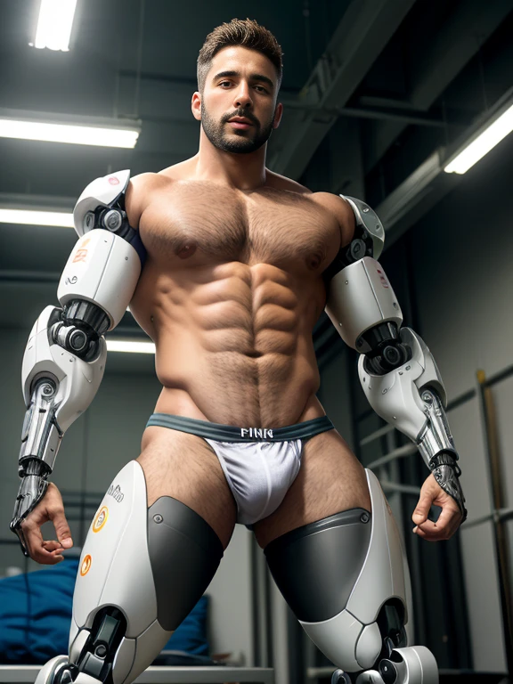 tall bionic man, corpo atletico, primeiro o rei, pelos corporais, blonde hair, barba desenhada, white speedo, LARGE BULGE IN THE UNDERWEAR, flexed biceps, robotic artificial leg prosthesis, Homem com pernas amputadas,Robotic carbon legs, big buttock, ambiente de quarto, high definition, Alta qualidade e realista, show mechanical legs and foots