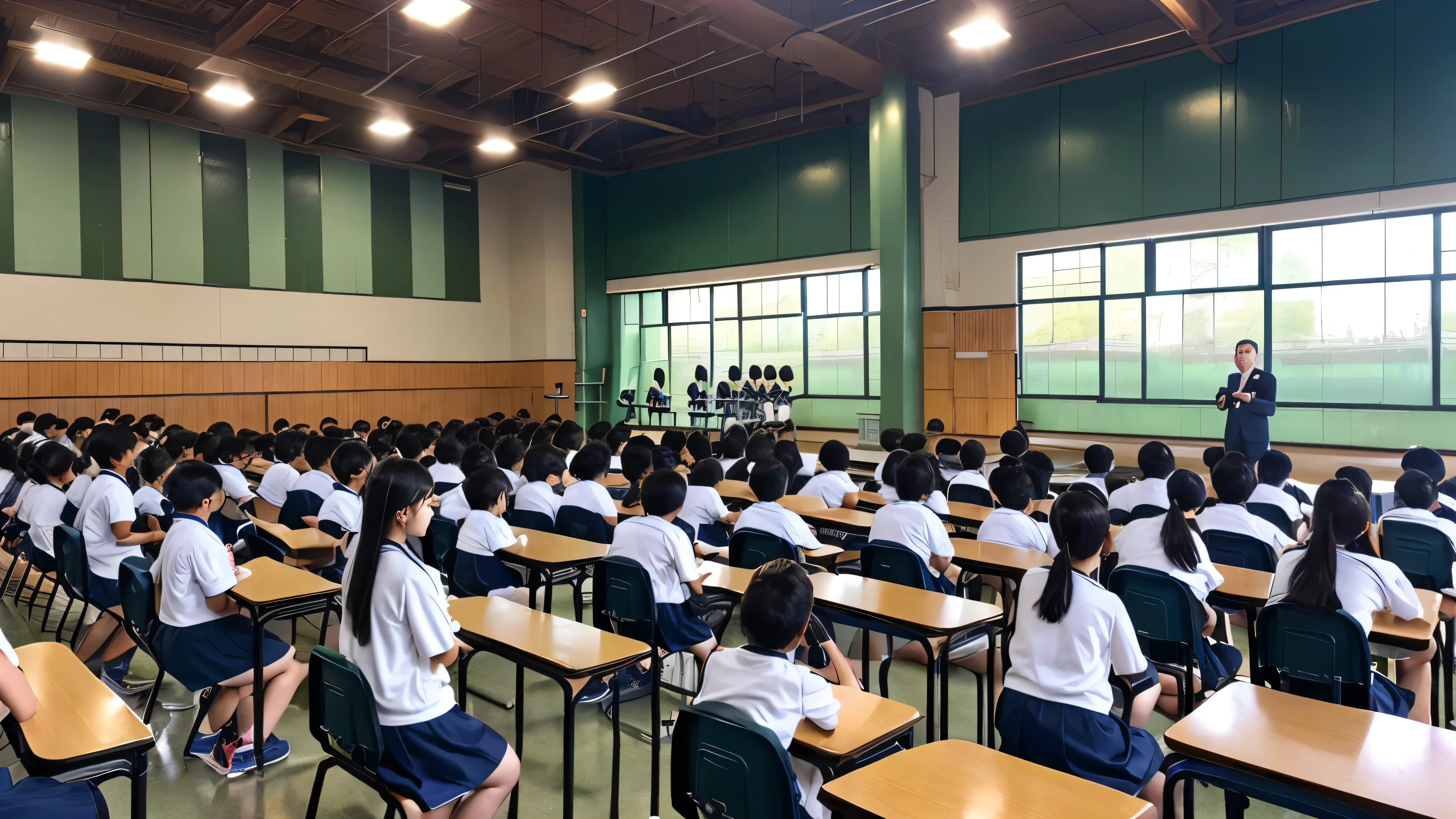 、gym、morning assembly、(((Many students are standing)))、(((All the students are standing behind)))、(((Principal giving a speech)))、high resolution