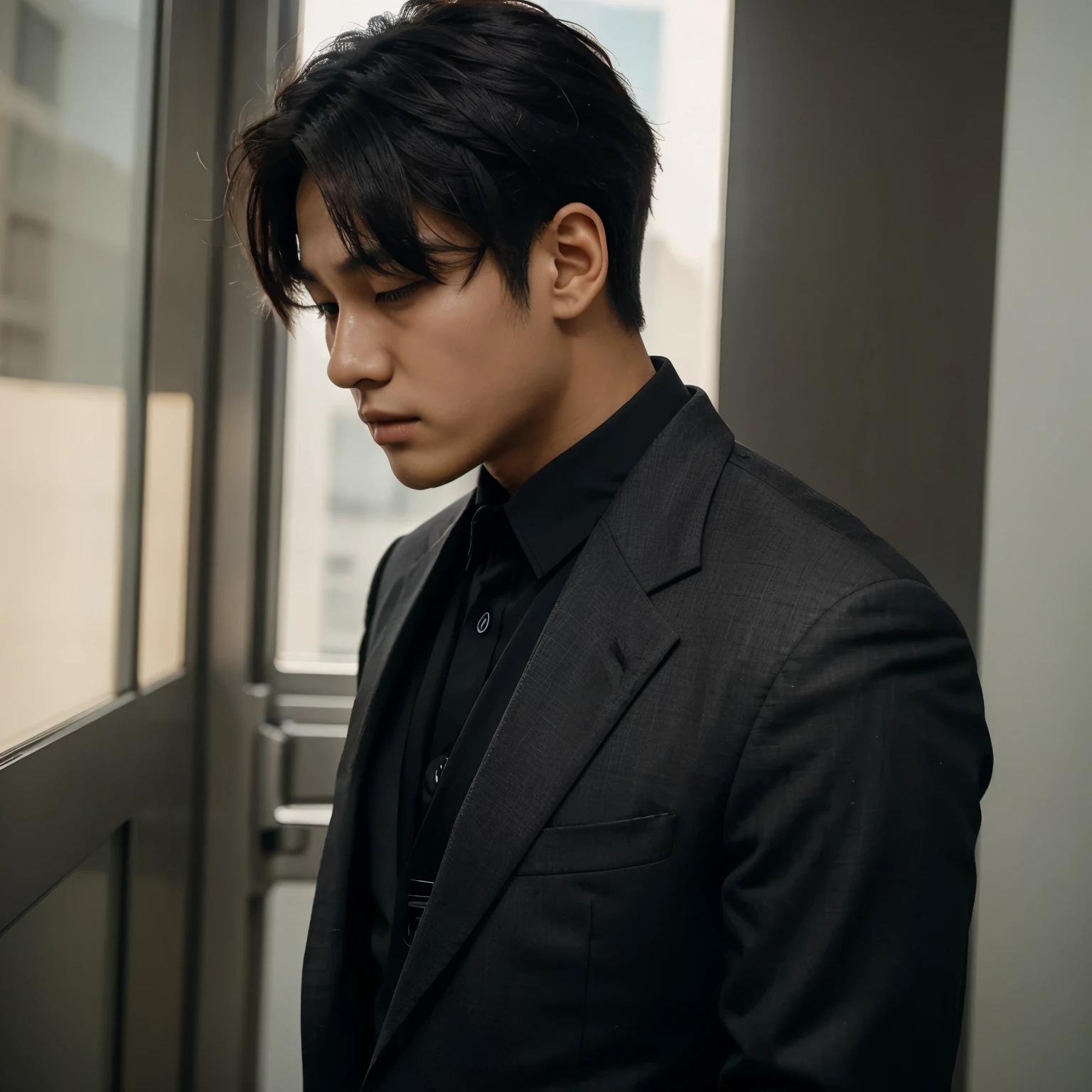 Kim Mingyu a sunshine personality man side profile wearing a black suit and messy hair 
