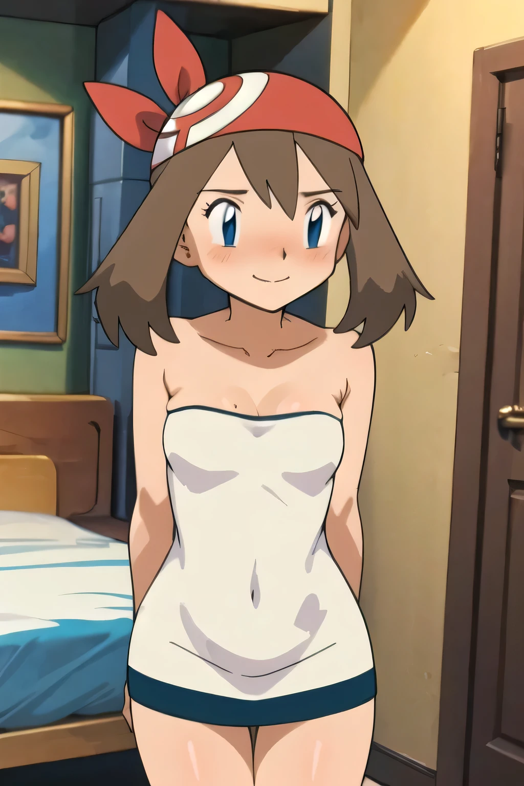 masterpiece, best quality, highres, 1girl, may (pokemon), blush, seductive, bare neck, smile, strapless black tube dress, sleeveless, bedroom, cleavage, standing