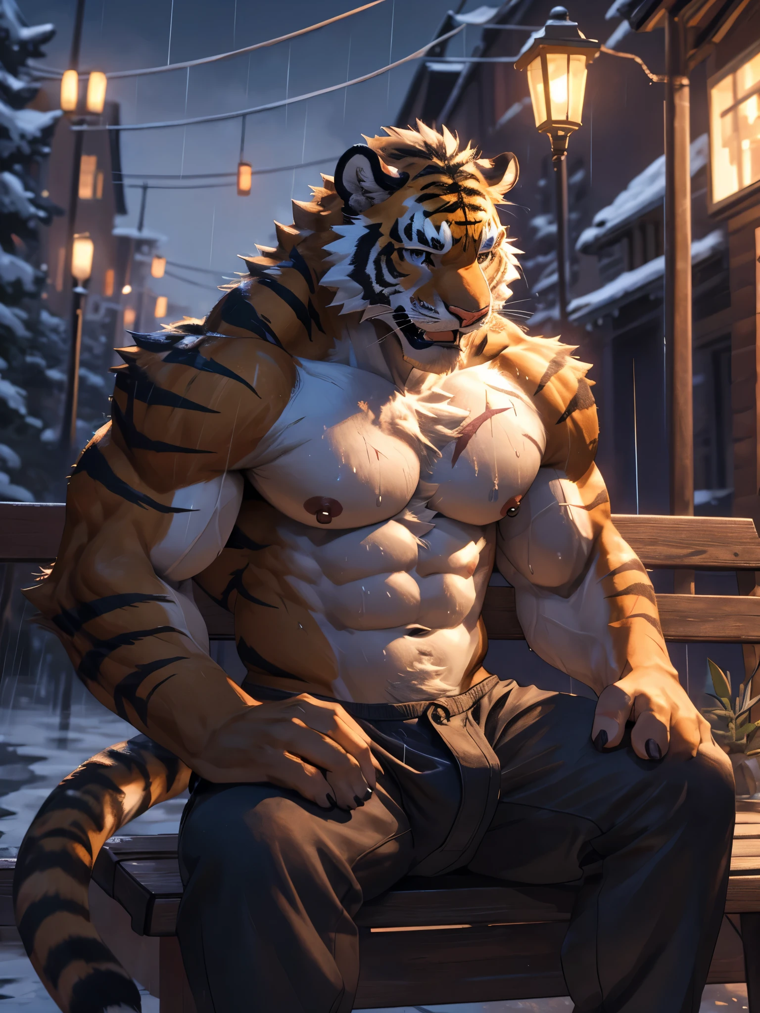 a naked tiger sitting on a bench in at park, mature male, middle aged, muscular, veins, Sexybody, muscular, anthropomorphic, extra detailed body, detailed body, Best quality, masterpiece, ultra high res,detailed background,realistic, real shadow and light,depth of field, (looking at viewer), (NSFW:1.5), (naked), bare chest, furry chest, public hair, strip off, angry face, Moaning, open mouth, huge penis, huge balls, naked tiger, fully naked, cum on body, cum on chest, light pole, park at night, forest park, woods.