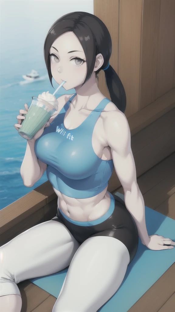 Wii fit trainer, White skin, crop top, ponytail, capri pants, midriff, Yoga sitting position, drinking a milkshake