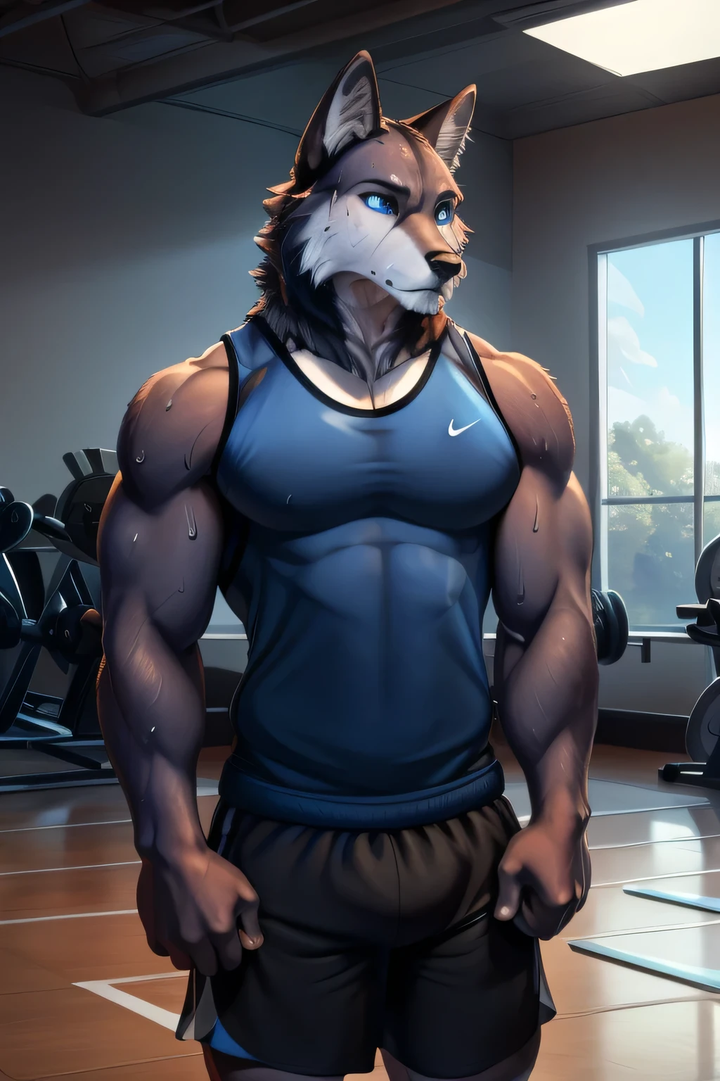 Masterpiece, Cool Pose, working out, Furry black Wolf, Strong Body, Blue Eyes, wearing Nike Tank Top, Fierce, Good looking, in gym, working out, sweating, wearing Nike shorts, good lighting, afternoon glow, clear eyes
