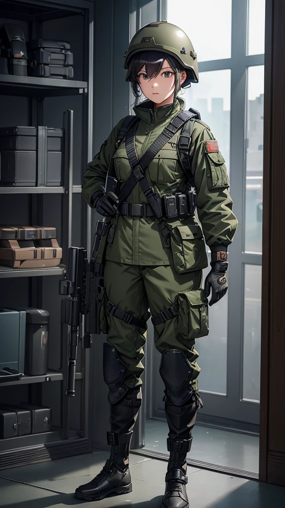 A female soldier wearing a helmet stands guard、Two rubber black shoulder straps cross、Dark green M51 jacket、Standing upright、Magazine Pouch、military trousers、Knee pads、Tactical gloves、Write details、masterpiece、best quality、Highly detailed CG、8K picture quality、theater lighting、lens flare