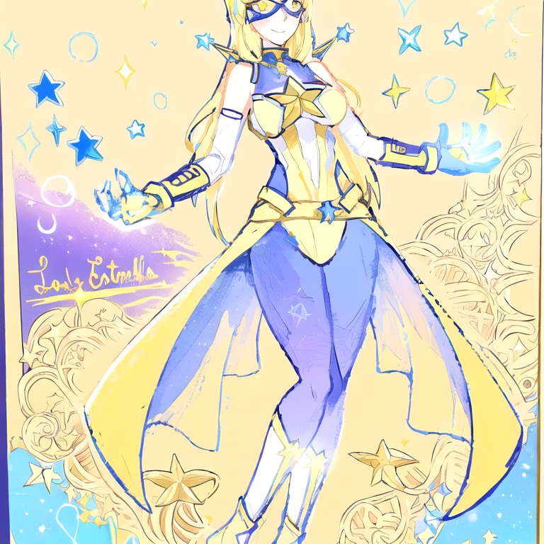 un dibujo de una mujer disfrazada con una capa y una estrella, inspirado en Li Chevalier, Inspired by Star Guardian, celda sombreada!!!, celda sombreada!!!, la galaxia marinera. Hermoso, fanart exquisito muy detallado, Hermoso celestial mage, bruja del cielo, like a retro futuristic heroine, inspirado en marinero luna, portrait of an anime heroine, ethereal astral, 1 girl, full body, 19 years old, white skin, smiling face, masked face, eye mask, superhero mask, yellow mask, blushing, blonde hair, straight hair, long hair, bangs, 2 star clips on the sides of hair, full body, hands with stars on them, wrist bands, long yellow gloves, yellow gloves, superhero costume similar to a mahogirl, superheroes, yellow full body suit, with a big yellow star in the center, star emblem, somewhat tight-fitting, long yellow cape on waist, star-shaped tiara, blue eyes, medium breasts, slim body, arms outstretched, arms behind waist, flying, city background, anime