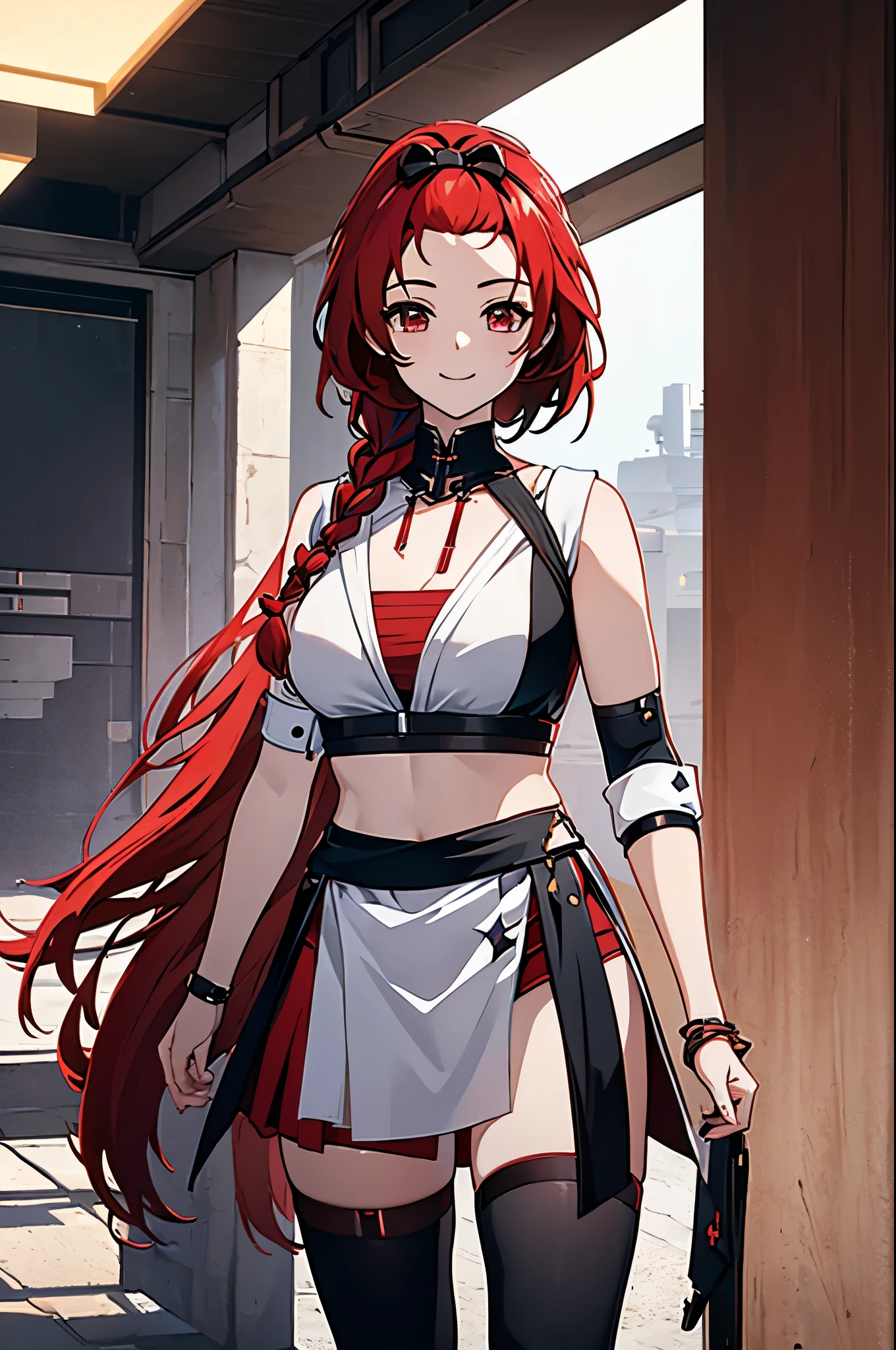 8k, hd, (((masterpiece, best quality))), chixiadef, red colored hair, single braid, thighhighs, sleeveless jacket, open clothes, single thighhigh, asymmetrical legwear, bow, commissioned art, fanart, official artwork, ;), v, smile, sweet girl, outgoing personality, desert, wastelands, futuristic dystopian