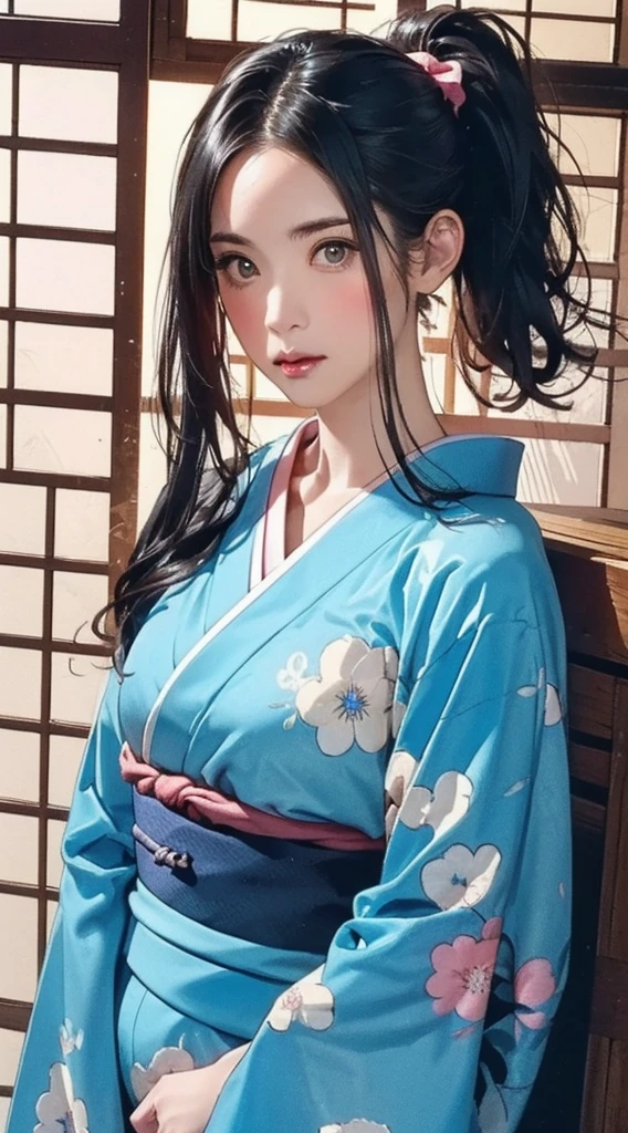 (highest quality、8k、32k、masterpiece)、(masterpiece,up to date,Exceptional:1.2), anime,One girl,Front hair,black_hair, Beautiful 8k eyes,Looking_in_Audience,One person in,Are standing,((Very beautiful woman, Fuller lips, Japanese pintern kimono))、((Colorful Japanese kimono)))、(((cowboy Shot)))、Blunt bung、(High resolution)、Very beautiful face and eyes、1 girl 、Round and small face、Narrow waist、delicine body、(highest quality high detail Rich skin details)、(highest quality、8k、Oil paints:1.2)、Very detailed、(Realistic、Realistic:1.37)、Bright colors、(((blackhair)))、(((Blunt bung，pony tail)))、(((cowboy pictures)))、((( Inside an old Japanese house with a (short focus lens:1.4),)))、(masterpiece, highest quality, highest quality, Official Art, beautifully、aesthetic:1.2), (One girl), Very detailedな,(Fractal Art:1.3),colorful,Most detailed,Sengoku period(High resolution)、Very beautiful face and eyes、1 girl 、Round and small face、Tight waist、Delicine body、(highest quality high detail Rich skin details)、(highest quality、8k、Oil paints:1.2)、(Realistic、Realistic:1.37)、Greg Rutkowski Written by Alphonse Mucha Ropp,short ,uchikake,nishijin ori,(realistic light and shadow), (real and delicate background),(muted colors, dim colors, soothing tones:1.3), low saturation, (hyperdetailed:1.2), (noir:0.4),drow,blurry_light_background, (vibrant color:1.2), cinematic lighting, ambient lighting,Single Shot,Shallow Focus,pink lip,blurry light background,
