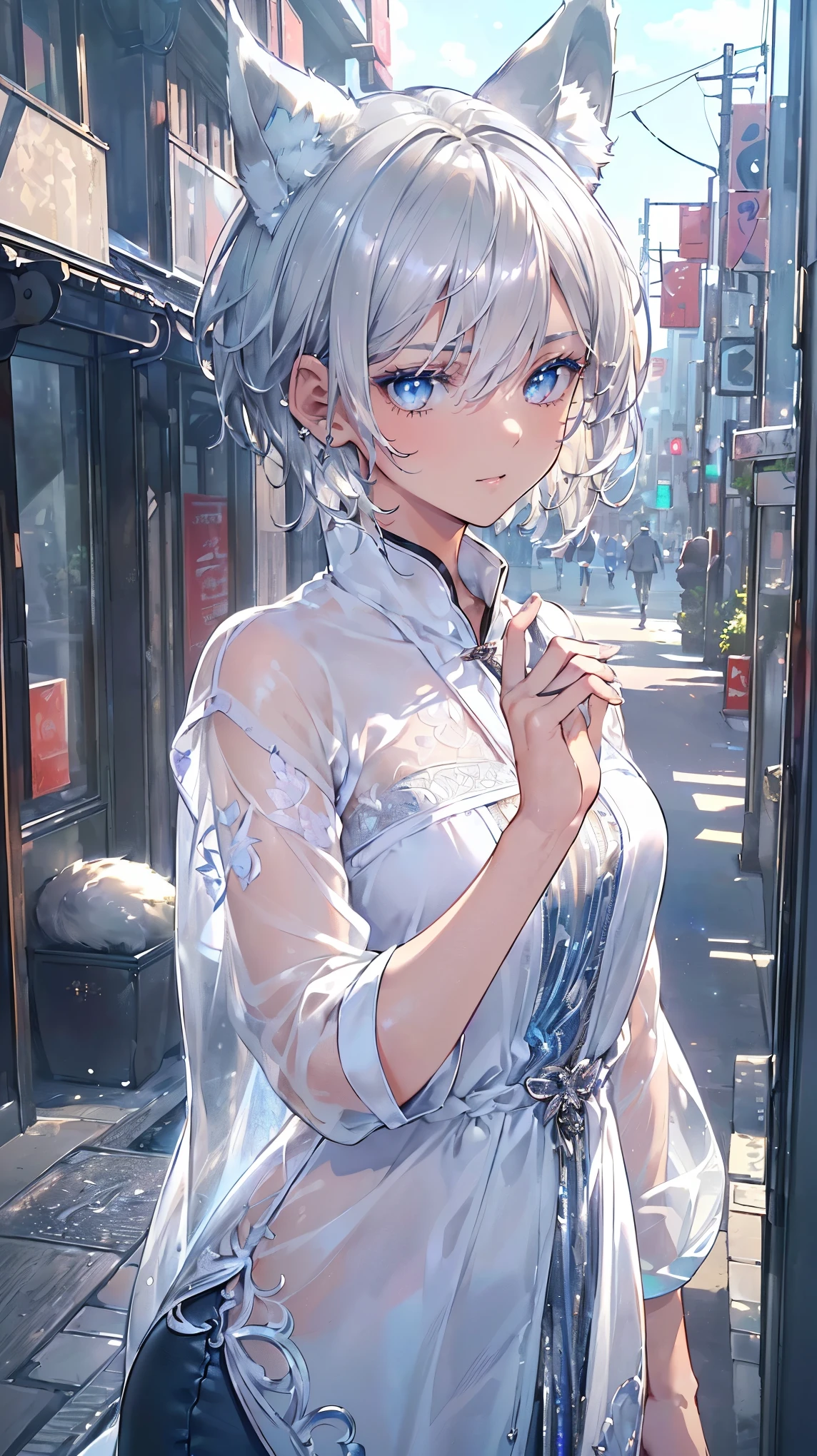 (((Masterpiece))), (((Highest quality))), ((Ultra-detailed)), ((Super fine illustration)), ((Ultra-fine painting)), (16K highest quality wallpaper:1.4), (Upper body:1.6), HDR, (Highly detailed and delicate illustration style:1.8), Detailed skin texture, Detailed cloth texture, Extreme detailed description, (T-masterpiece), (Highly detailed face:1.4), (Highly detailed beautiful silver short hair:1.2), (Highly delicate beautiful blue eyes:1.2), Original, RAW photo, Professional, Intricate details, Super details, Iridescent light:1.7, Direct light:1.6, (Perfect anatomy:1.4), (Highly detailed hands:1.2), (Highly detailed fingers:1.2), (Highly detailed fingertips:1.2), (18-years-old), (Solo:1.8), Real, ((A very beautiful and cool boyish silver fox female fashion model:1.4))
BRAKE
(Beautiful and adorable silver fox ears:1.6), (Highly detailed and delicate silver fox ears:1.2), (Beautiful and well-shaped big breasts:1.2), (Beautiful and well-shaped buttocks), (Very beautiful and shiny rainbow-colored short hair, colorful short hair:1.6), (Very beautiful and transparent blue eyes that shine in iridescent colors, colorful eyes:1.5), (Beautiful clear blue eyes with sparkling details:1.6), (Highly detailed face:1.4), (Smile:1.3), (looking at viewer:1.4), (Walking)
BRAKE
((Very beautiful and cool casual boyish outfit:1.4))
BRAKE
(Just afternoon:1.2), (Highly detailed and delicate streets of Shibuya:1.4), (Highly detailed and delicate background)
BRAKE 