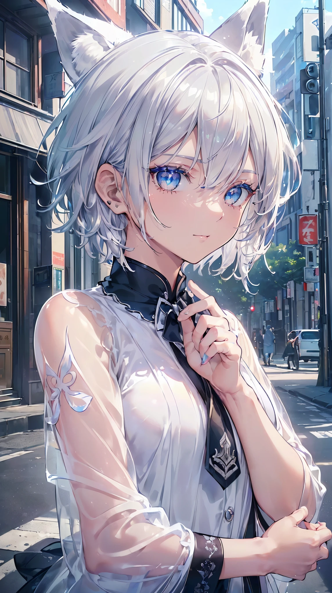 (((Masterpiece))), (((Highest quality))), ((Ultra-detailed)), ((Super fine illustration)), ((Ultra-fine painting)), (16K highest quality wallpaper:1.4), (Upper body:1.6), HDR, (Highly detailed and delicate illustration style:1.8), Detailed skin texture, Detailed cloth texture, Extreme detailed description, (T-masterpiece), (Highly detailed face:1.4), (Highly detailed beautiful silver short hair:1.2), (Highly delicate beautiful blue eyes:1.2), Original, RAW photo, Professional, Intricate details, Super details, Iridescent light:1.7, Direct light:1.6, (Perfect anatomy:1.4), (Highly detailed hands:1.2), (Highly detailed fingers:1.2), (Highly detailed fingertips:1.2), (18-years-old), (Solo:1.8), Real, ((A very beautiful and cool boyish silver fox female fashion model:1.4))
BRAKE
(Beautiful and adorable silver fox ears:1.6), (Highly detailed and delicate silver fox ears:1.2), (Beautiful and well-shaped big breasts:1.2), (Beautiful and well-shaped buttocks), (Very beautiful and shiny rainbow-colored short hair, colorful short hair:1.6), (Very beautiful and transparent blue eyes that shine in iridescent colors, colorful eyes:1.5), (Beautiful clear blue eyes with sparkling details:1.6), (Highly detailed face:1.4), (Smile:1.3), (looking at viewer:1.4), (Walking)
BRAKE
((Very beautiful and cool casual boyish outfit:1.4))
BRAKE
(Just afternoon:1.2), (Highly detailed and delicate streets of Shibuya:1.4), (Highly detailed and delicate background)
BRAKE
