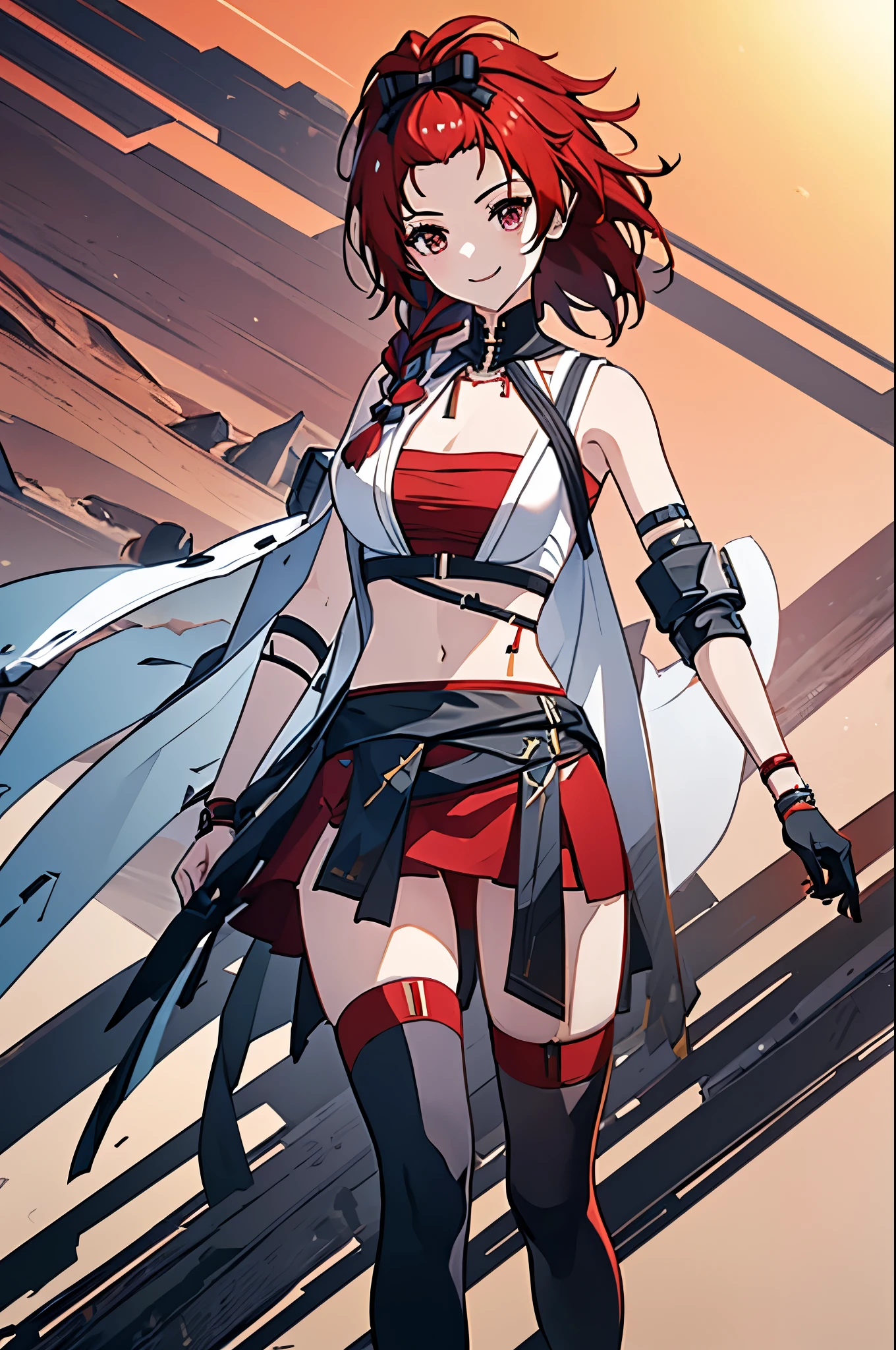 8k, hd, (((masterpiece, best quality))), chixiadef, red colored hair, single braid, thighhighs, sleeveless jacket, open clothes, single thighhigh, asymmetrical legwear, bow, commissioned art, fanart, official artwork, ;), v, smile, sweet girl, outgoing personality, desert, wastelands, futuristic dystopian