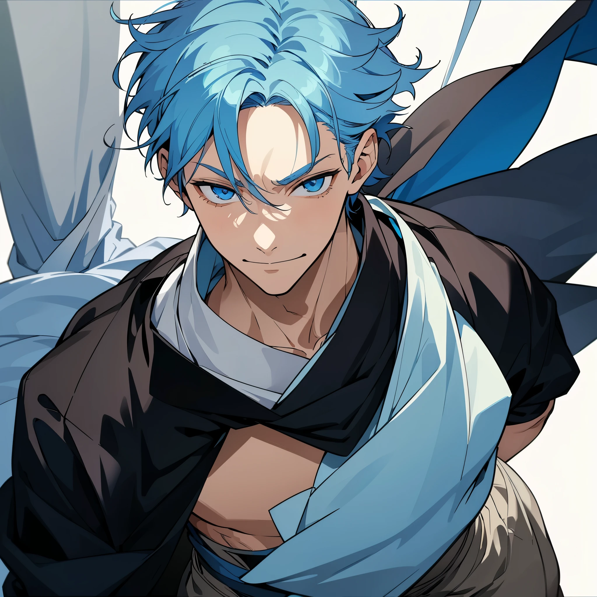 1 boy, light blue hair, blue eyes, black noble cloth, calm face, handsome male guy, masculine, old boy, grown man, 28 years old, bored face, man, big male, villain, psychopath smile, short hair, missy hair , make him naked,show his ass